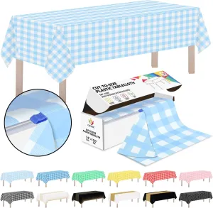 CXPSINC Plastic Table Cover Roll with Slide Cutter, Disposable Tablecloth Roll for Picnic, Party, Banquet, Birthdays, Weddings (Light Blue Checkered, 54 Inch X 100 Feet)