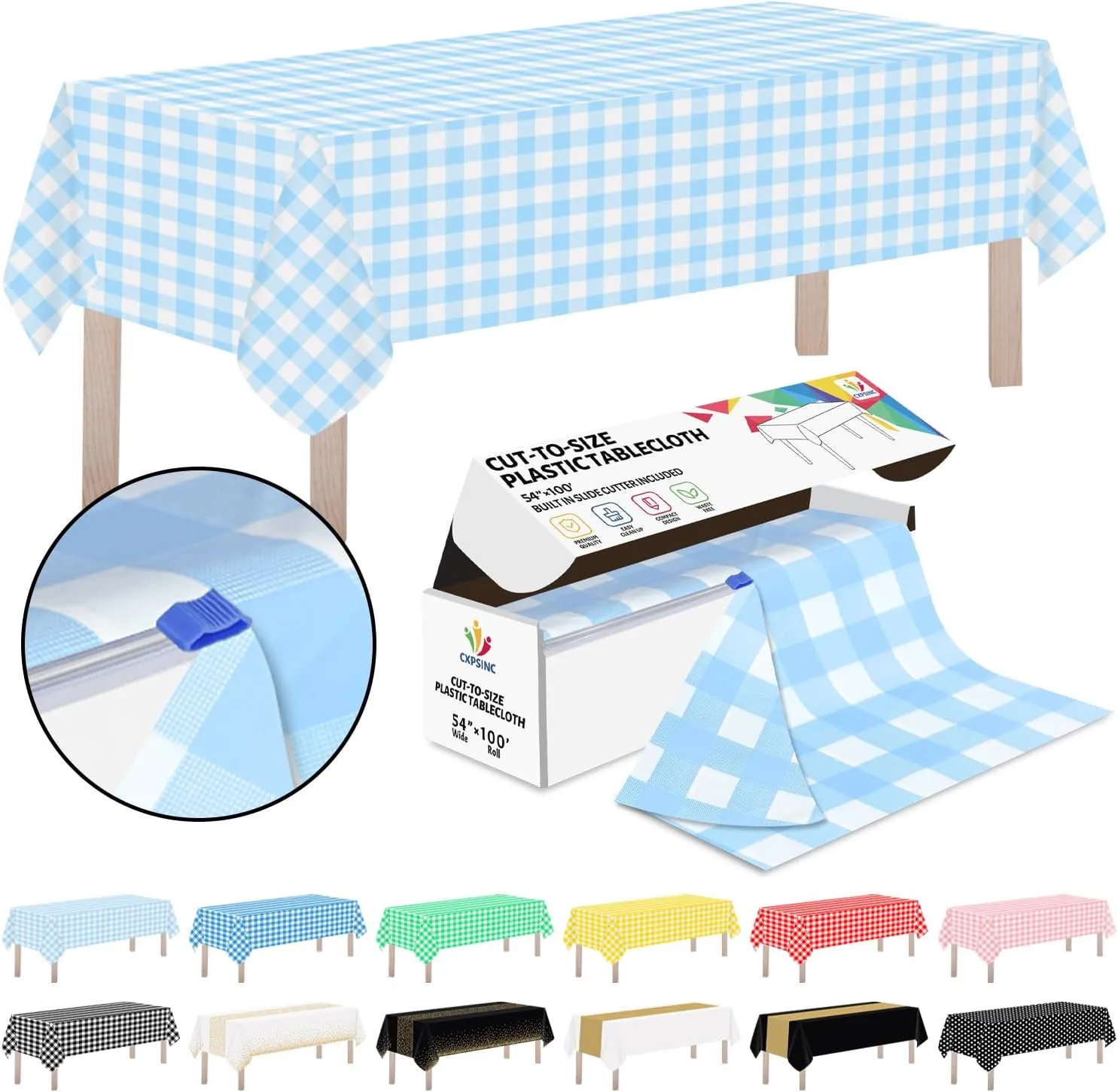 CXPSINC Plastic Table Cover Roll with Slide Cutter, Disposable Tablecloth Roll for Picnic, Party, Banquet, Birthdays, Weddings (Light Blue Checkered, 54 Inch X 100 Feet)