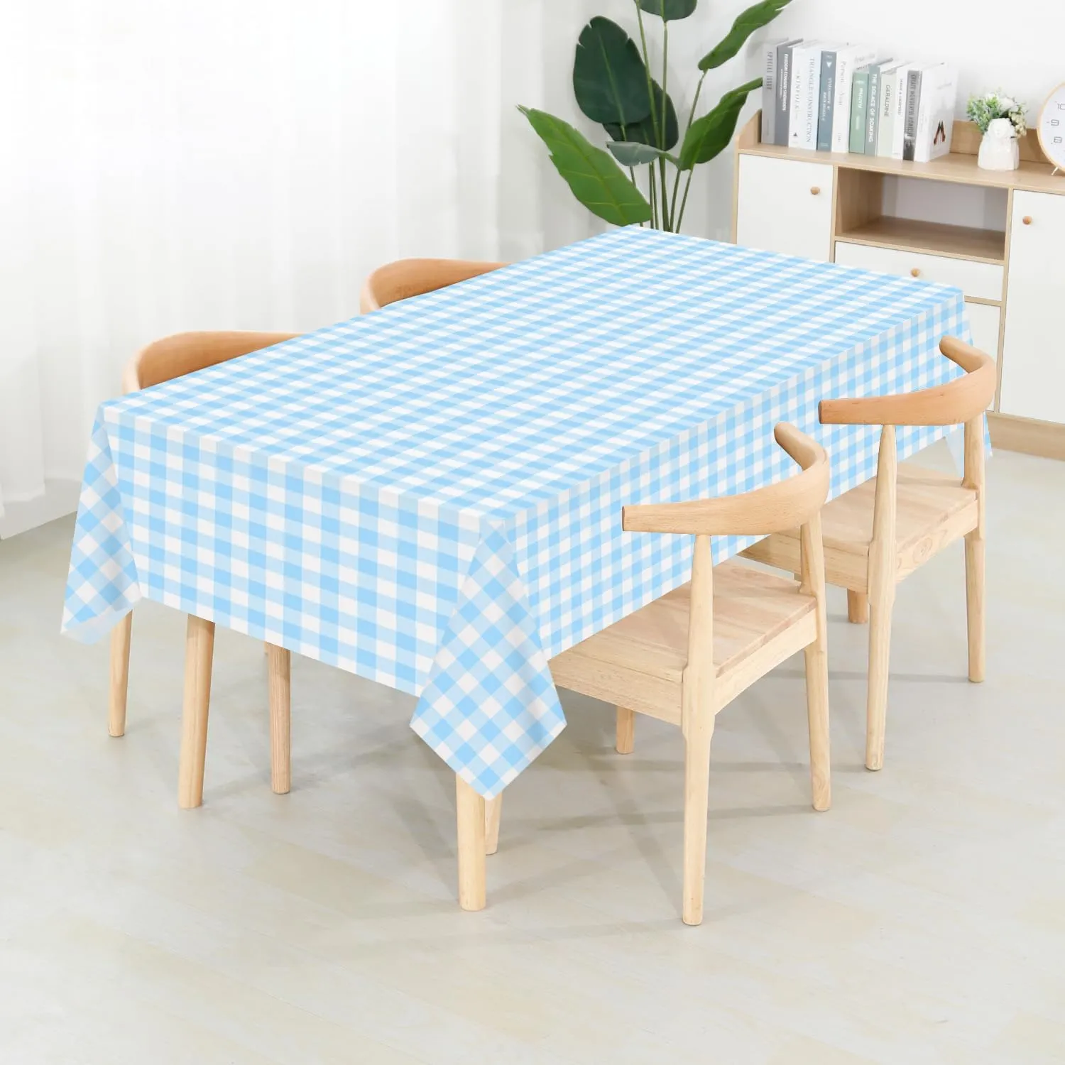 CXPSINC Plastic Table Cover Roll with Slide Cutter, Disposable Tablecloth Roll for Picnic, Party, Banquet, Birthdays, Weddings (Light Blue Checkered, 54 Inch X 100 Feet)