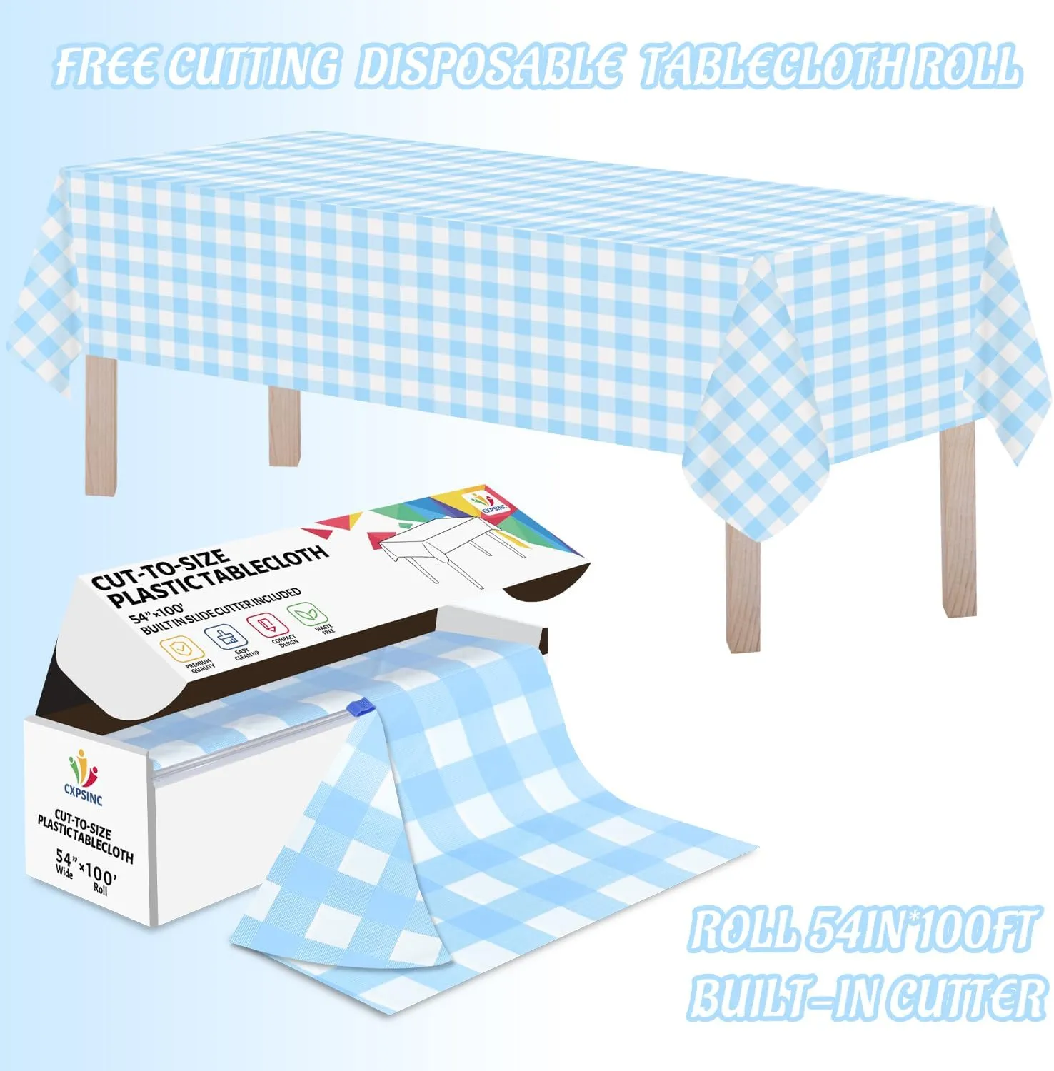 CXPSINC Plastic Table Cover Roll with Slide Cutter, Disposable Tablecloth Roll for Picnic, Party, Banquet, Birthdays, Weddings (Light Blue Checkered, 54 Inch X 100 Feet)