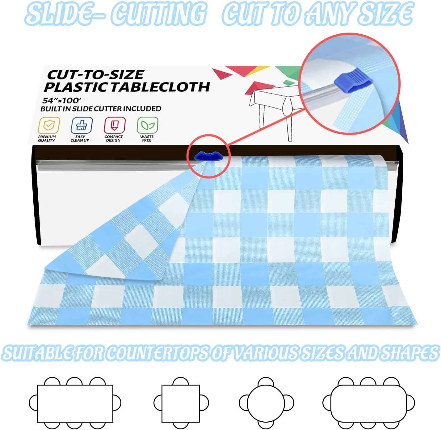 CXPSINC Plastic Table Cover Roll with Slide Cutter, Disposable Tablecloth Roll for Picnic, Party, Banquet, Birthdays, Weddings (Light Blue Checkered, 54 Inch X 100 Feet)