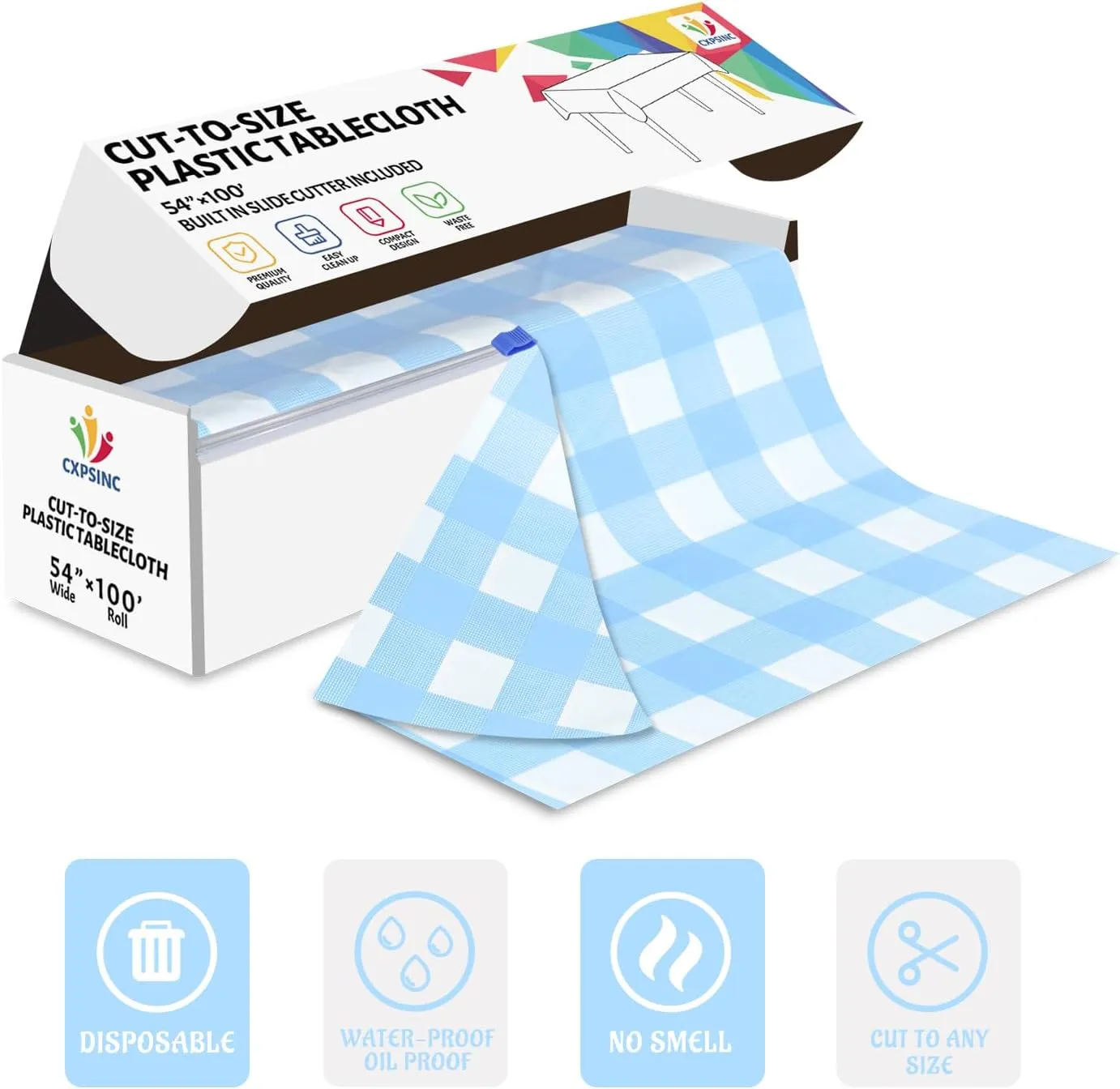 CXPSINC Plastic Table Cover Roll with Slide Cutter, Disposable Tablecloth Roll for Picnic, Party, Banquet, Birthdays, Weddings (Light Blue Checkered, 54 Inch X 100 Feet)
