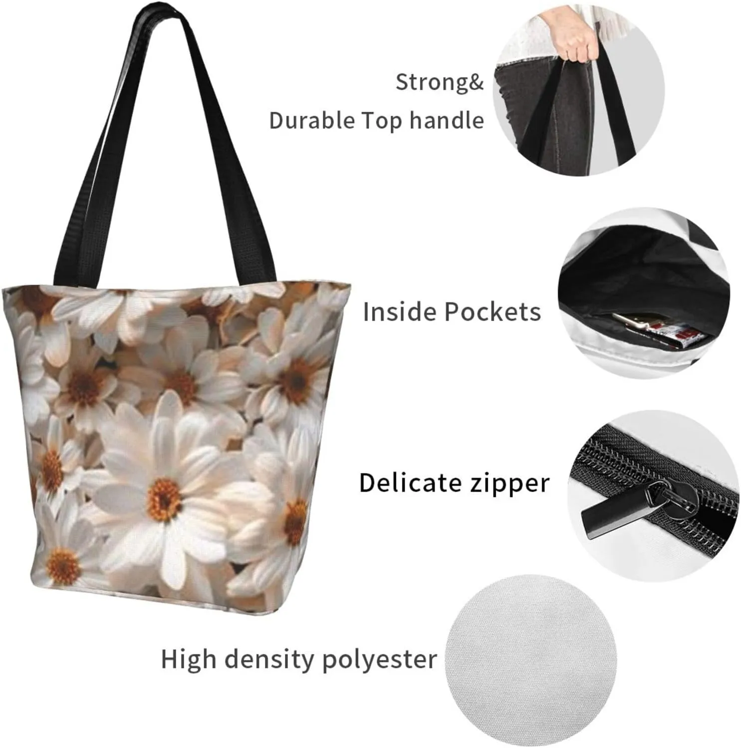 D-aisy Tote Shopping Bag, Hobo Bag Casual Handbag Large Capacity Shopping Work Bag. Black
