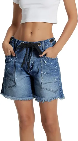 D-Sun Women's Denim Shorts Drawstring Mid Waist Straight Leg Raw Hem Casual Summer Jean Shorts