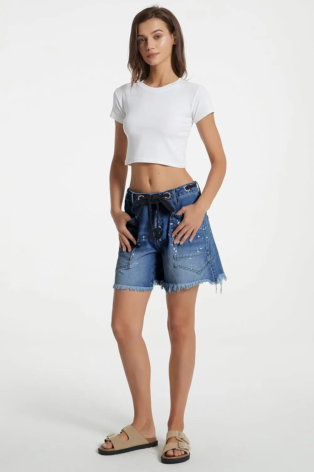 D-Sun Women's Denim Shorts Drawstring Mid Waist Straight Leg Raw Hem Casual Summer Jean Shorts