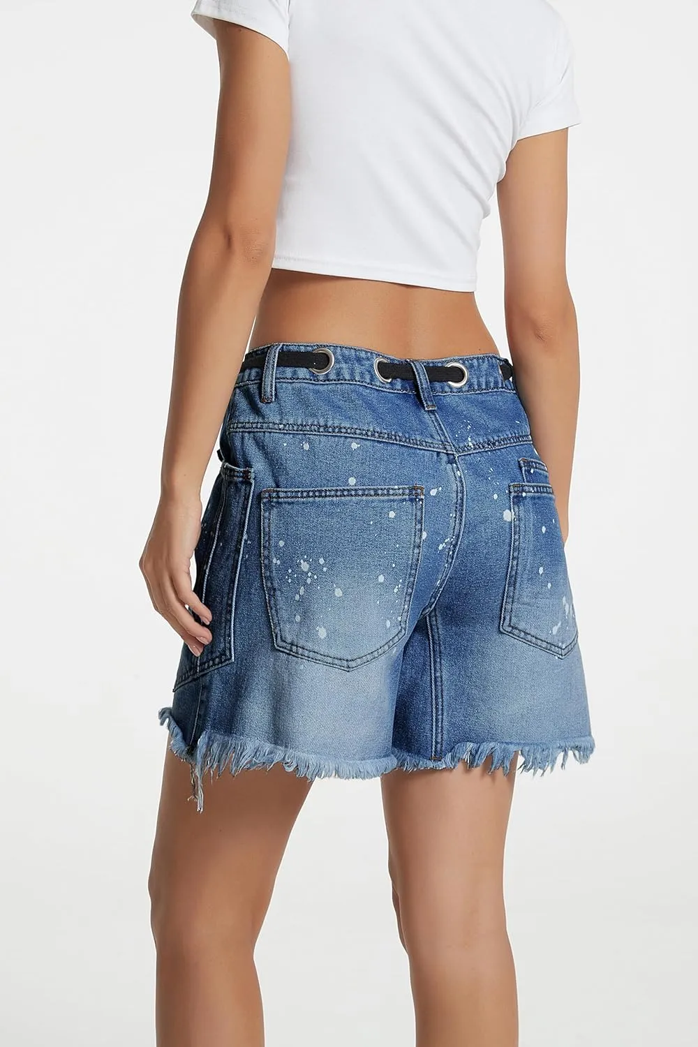 D-Sun Women's Denim Shorts Drawstring Mid Waist Straight Leg Raw Hem Casual Summer Jean Shorts
