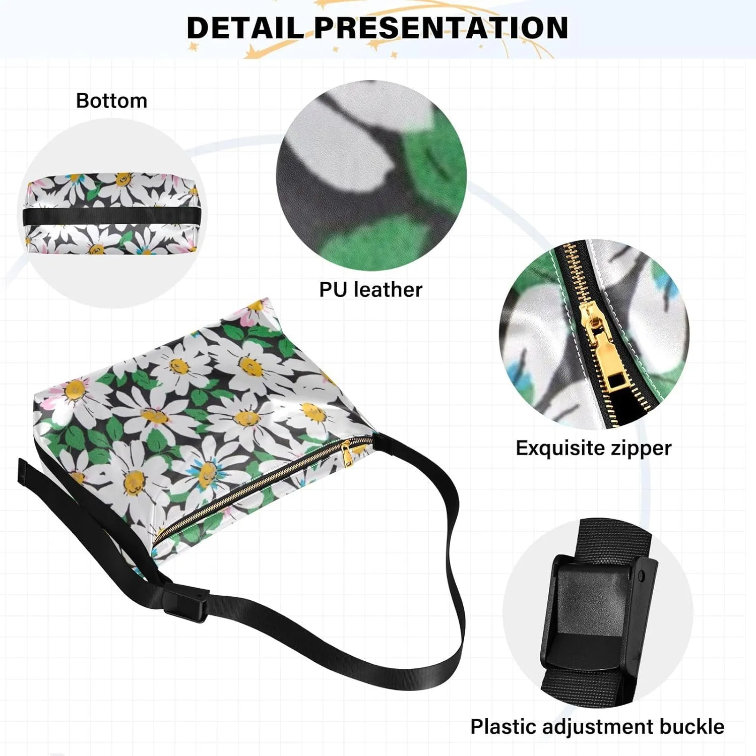 Daisy Print Sling Bag for Women Crossbody Purse Leather Shoulder Handbag Purses for Women with Adjustable Wide Strap