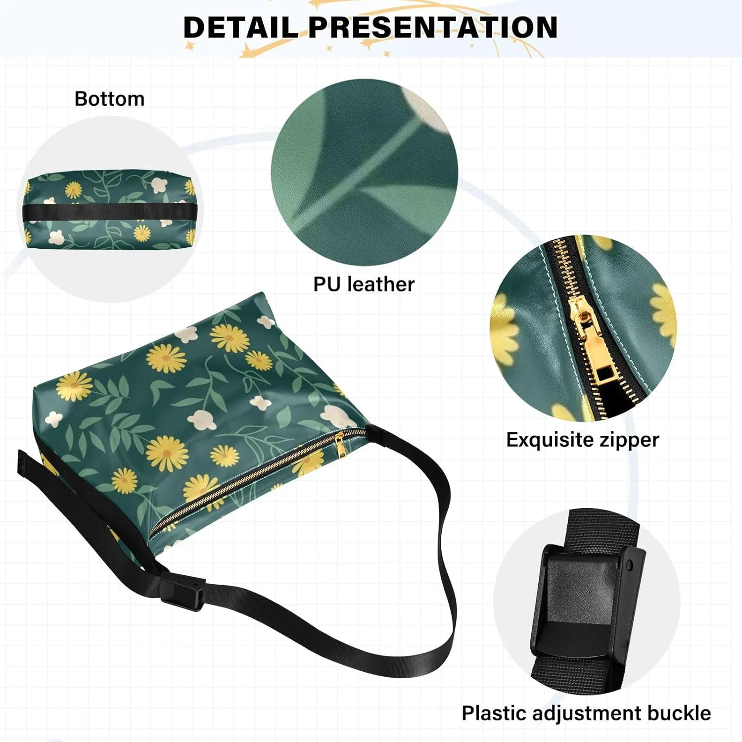 Daisy Print Sling Bag for Women Crossbody Purse Leather Shoulder Handbag Purses for Women with Adjustable Wide Strap
