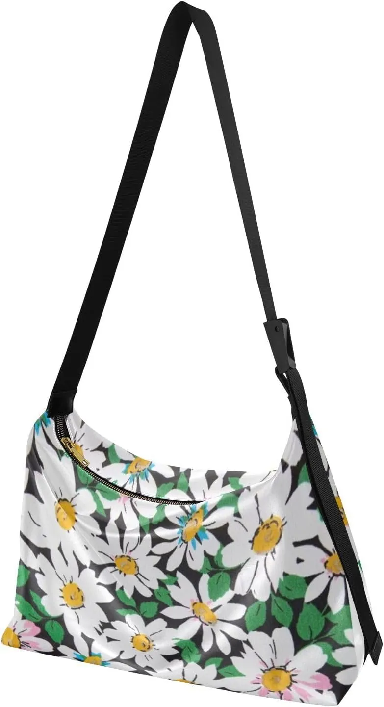 Daisy Print Sling Bag for Women Crossbody Purse Leather Shoulder Handbag Purses for Women with Adjustable Wide Strap