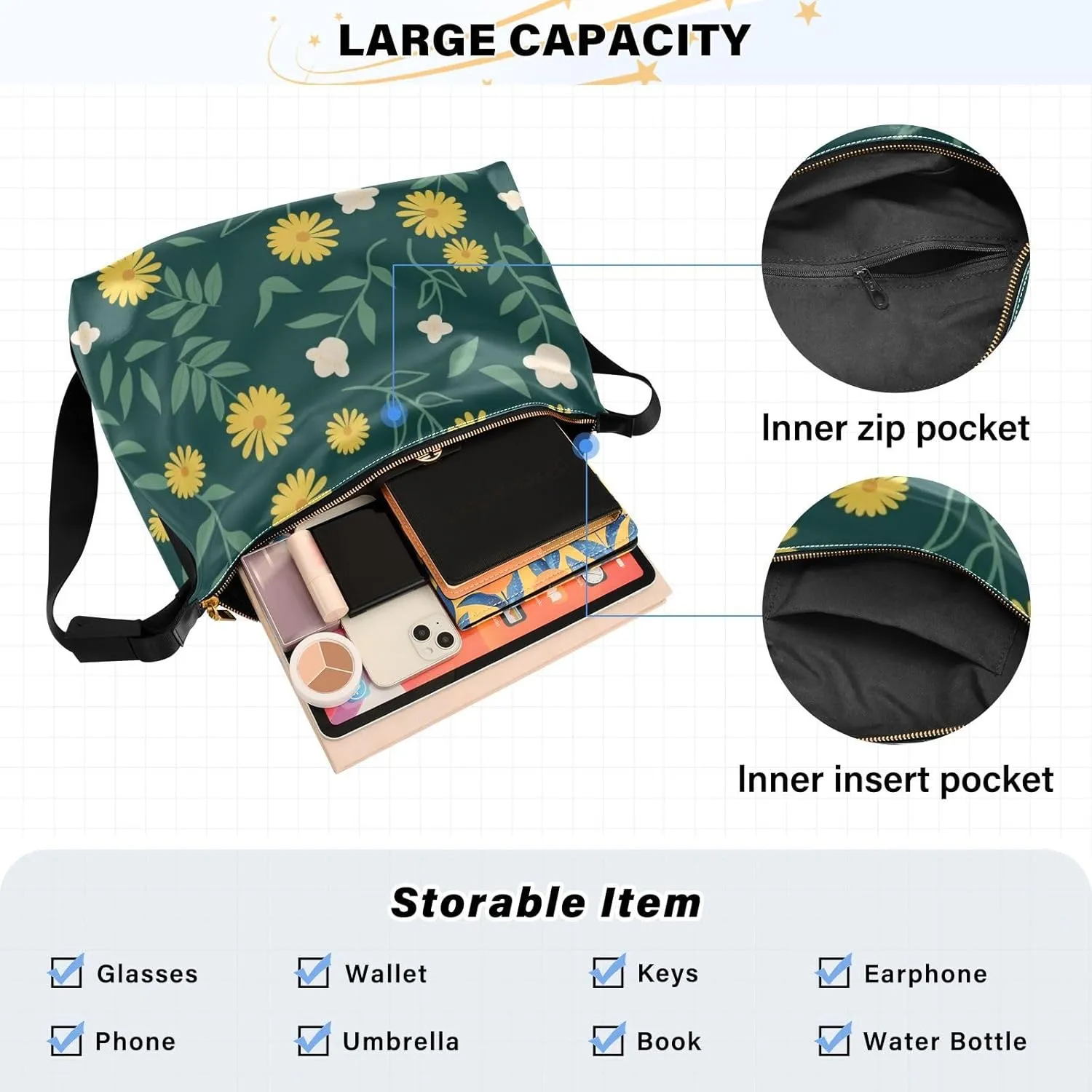 Daisy Print Sling Bag for Women Crossbody Purse Leather Shoulder Handbag Purses for Women with Adjustable Wide Strap