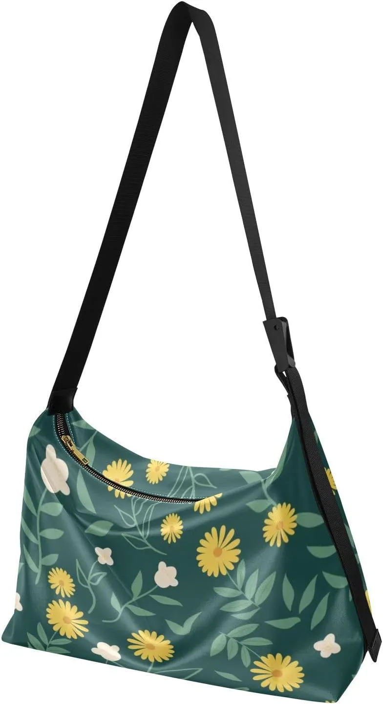 Daisy Print Sling Bag for Women Crossbody Purse Leather Shoulder Handbag Purses for Women with Adjustable Wide Strap