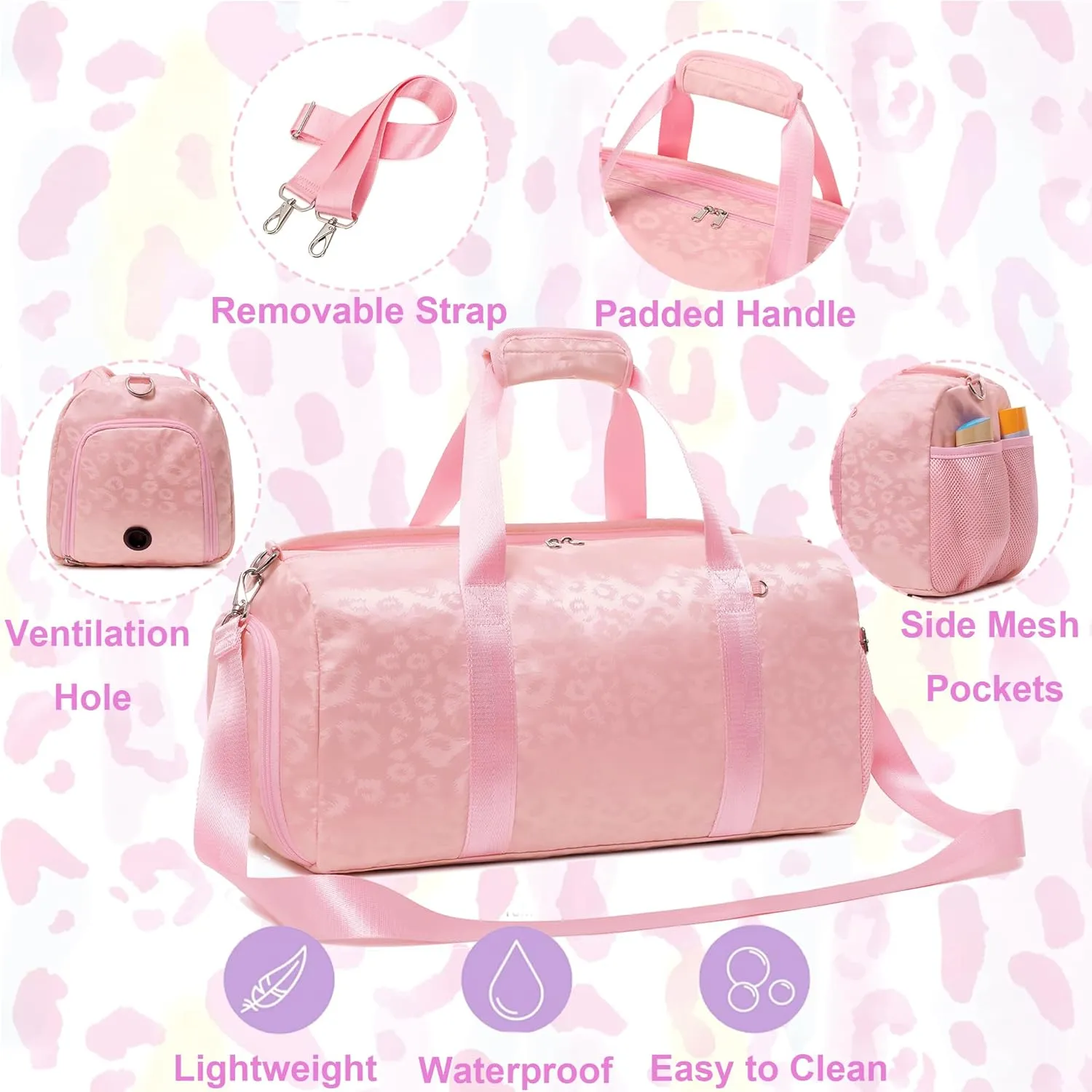 Dance Bag for Girls Duffle Bags Girls Overnight Bag Sleepover Gym Gymnastics Bags with Shoe Compartment and Wet Pocket,Leopard Shape
