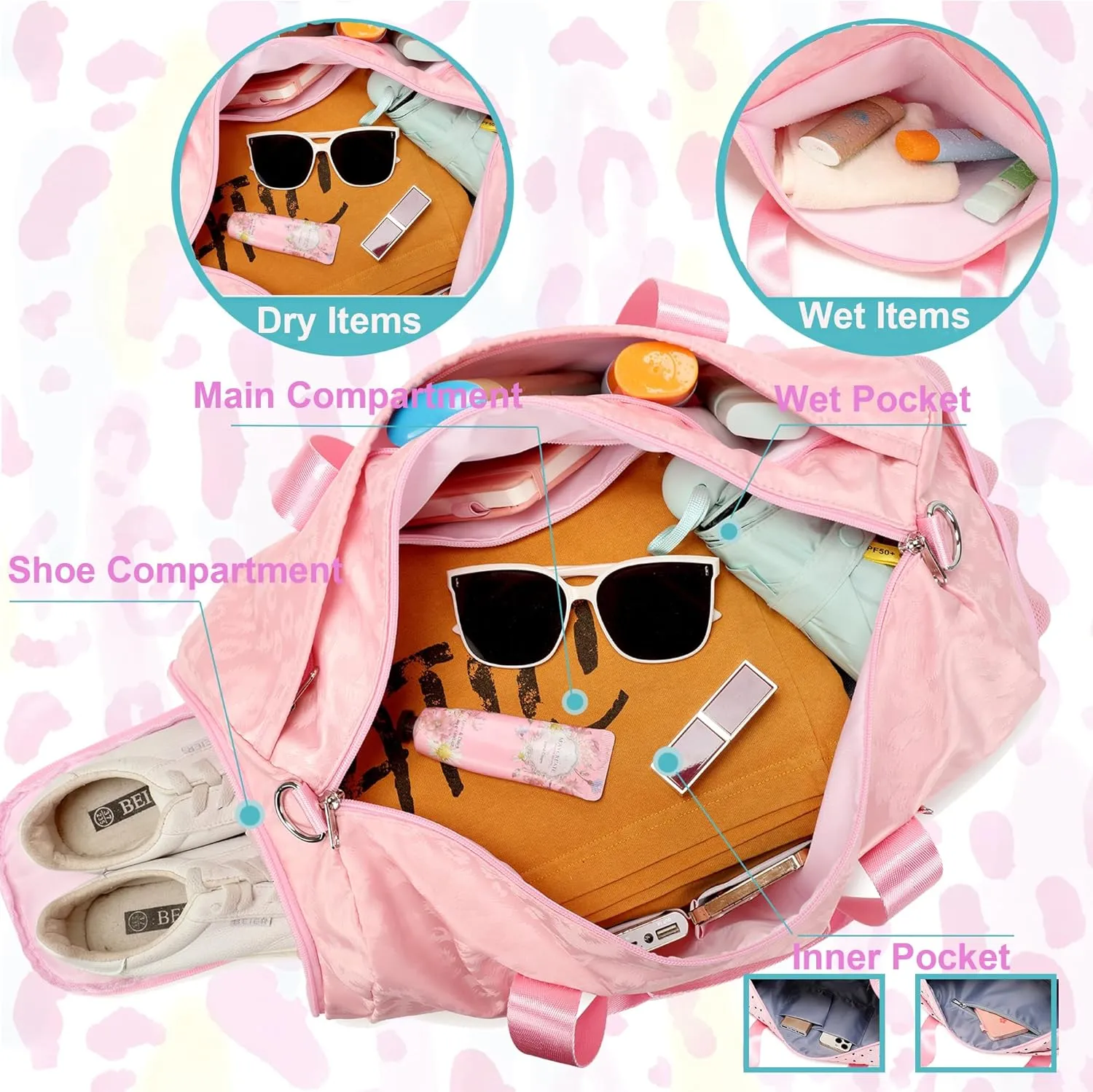Dance Bag for Girls Duffle Bags Girls Overnight Bag Sleepover Gym Gymnastics Bags with Shoe Compartment and Wet Pocket,Leopard Shape