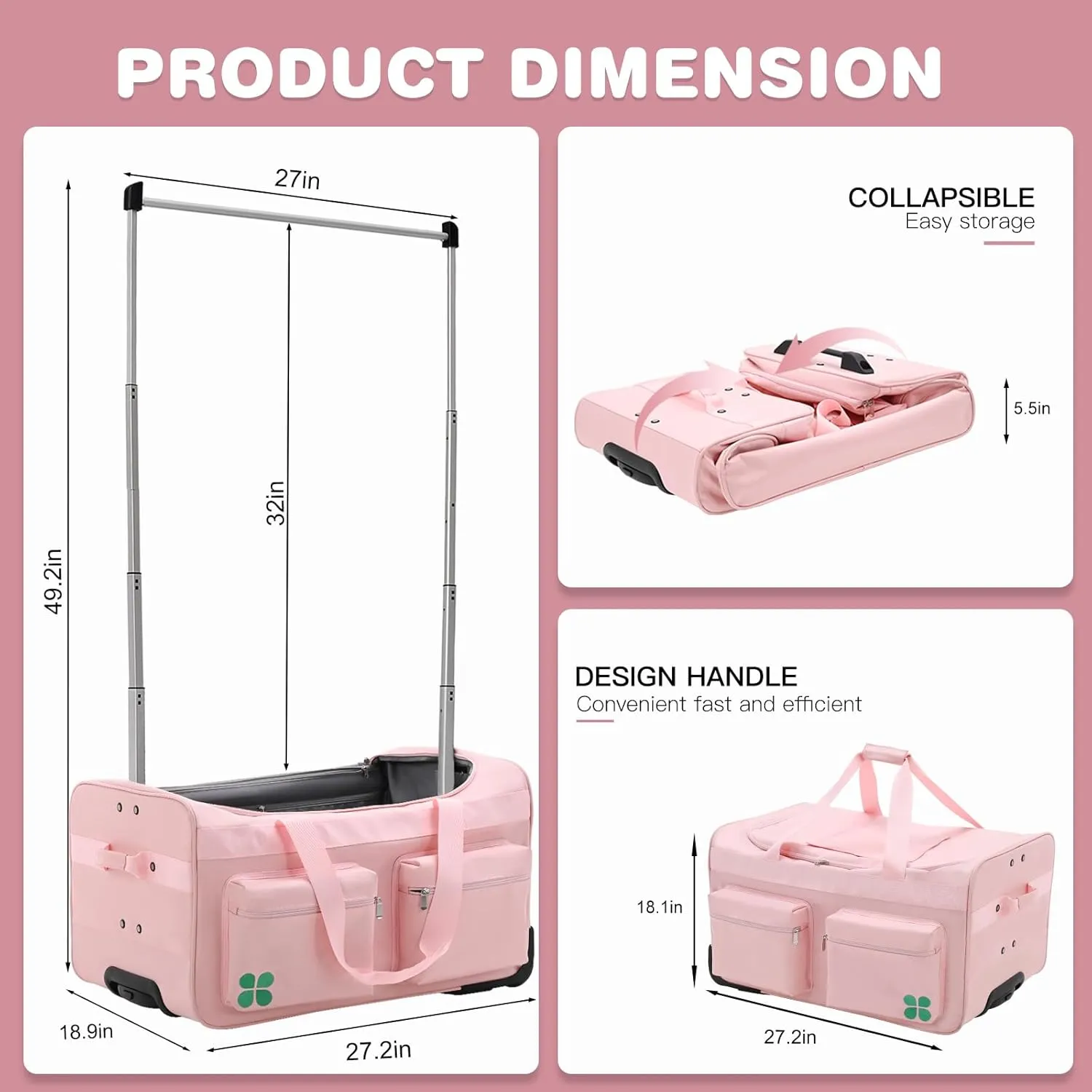 Dance Bag With Garment Rack, 27" Dance Garment Bags for Dancers Girls Competition, Collapsible Rolling Dance Garment Bag with Wheels for Travel, Duffle Bag Luggage for Women and Men