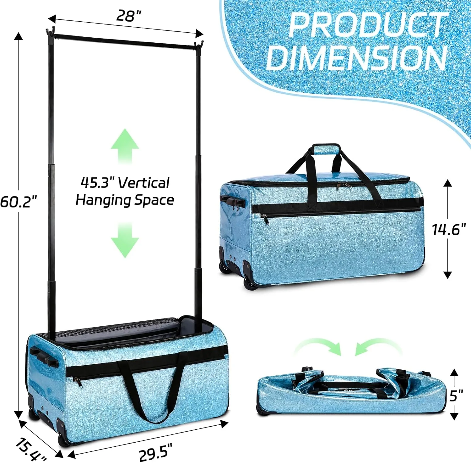 Dance Bag with Garment Rack, OMIDEL 29" Rolling Dance Competition Duffle Bag with Garment Rack & Silent Wheels, Collapsible Dance Suitcase for Dance Competition Shows Recitals Travel