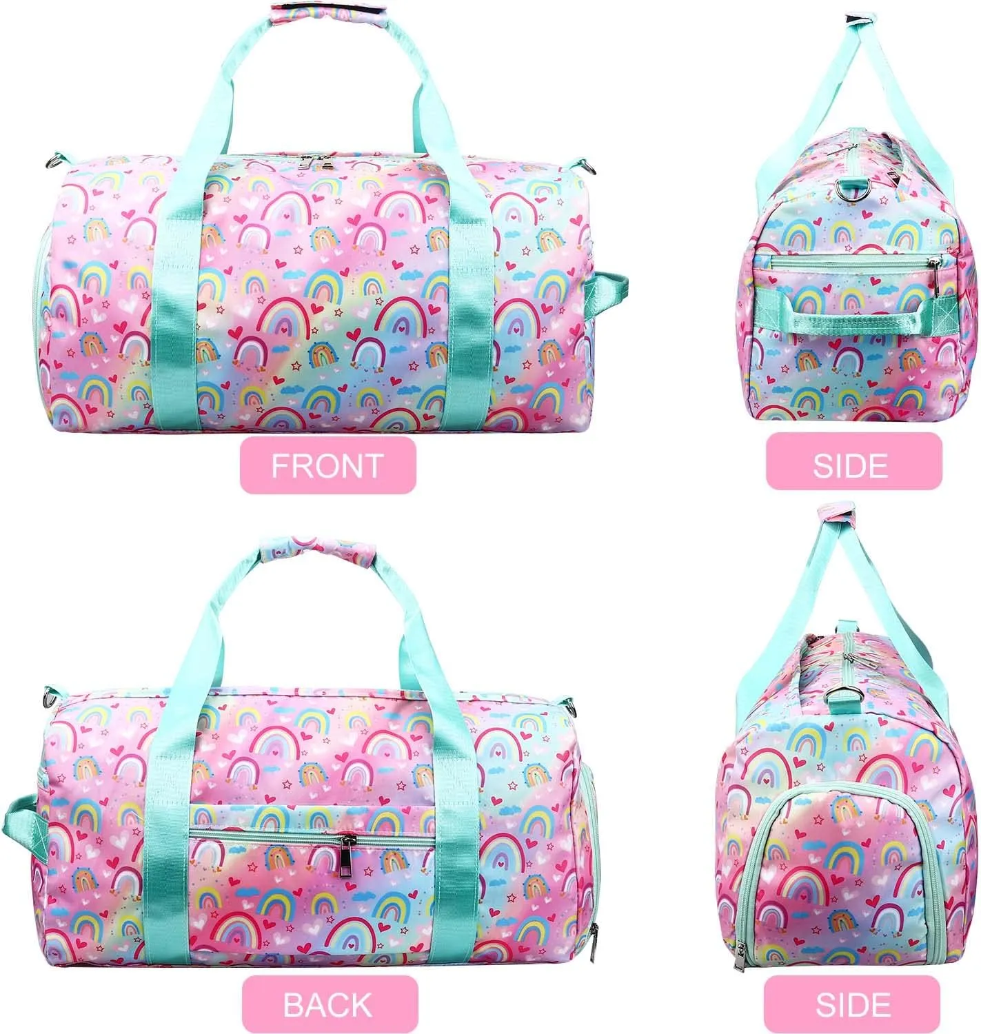 Dance Travel Duffle Bag for Girls - Gymnastics Gym Sports Bag with Shoe Compartment & Wet Pocket Rainbow Kids Travel Bag Teens Weekender Sleepover Carry On Bag