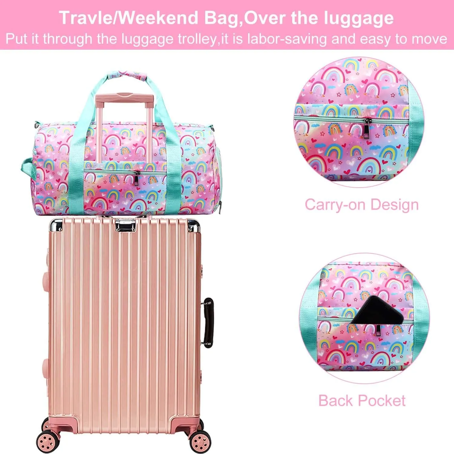 Dance Travel Duffle Bag for Girls - Gymnastics Gym Sports Bag with Shoe Compartment & Wet Pocket Rainbow Kids Travel Bag Teens Weekender Sleepover Carry On Bag