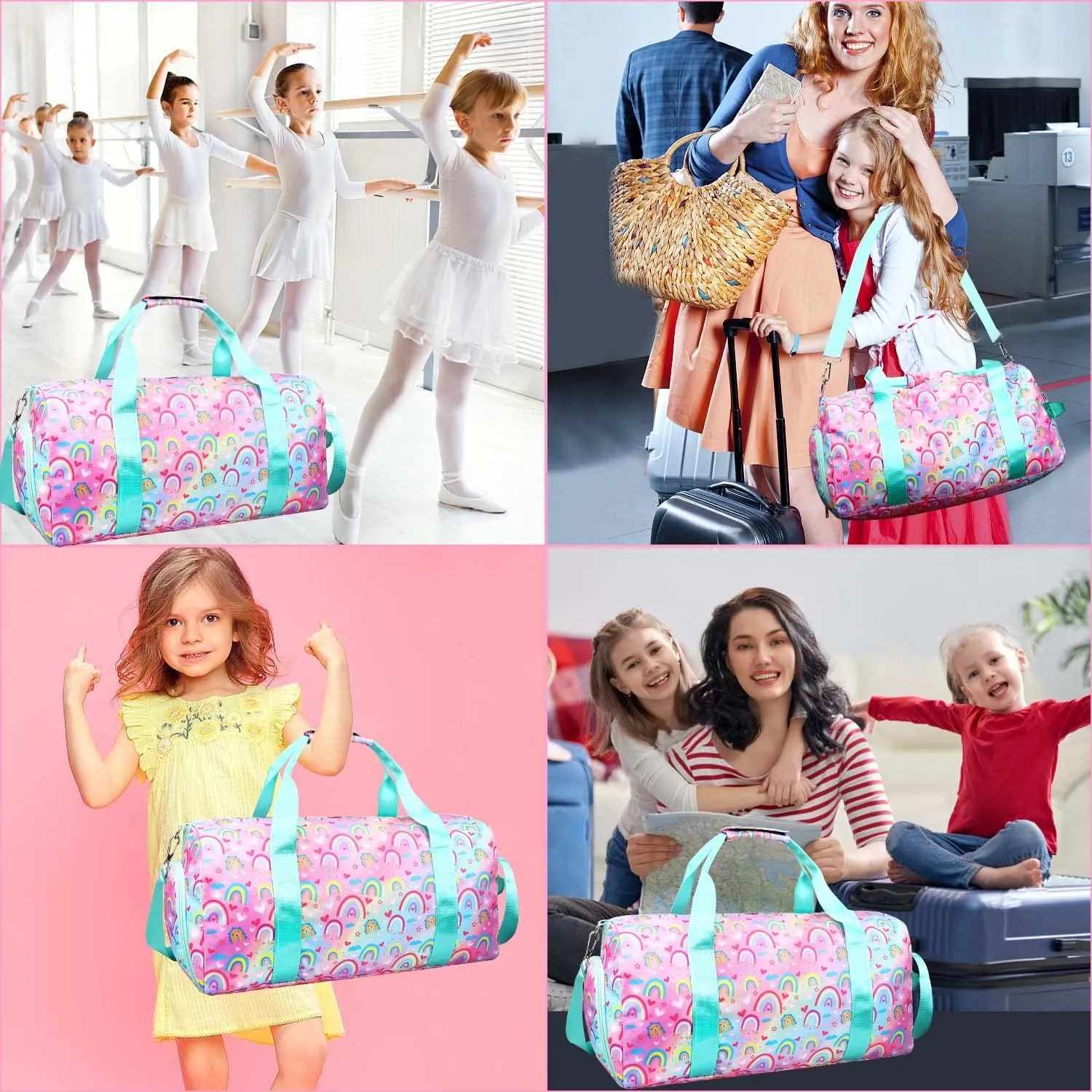 Dance Travel Duffle Bag for Girls - Gymnastics Gym Sports Bag with Shoe Compartment & Wet Pocket Rainbow Kids Travel Bag Teens Weekender Sleepover Carry On Bag