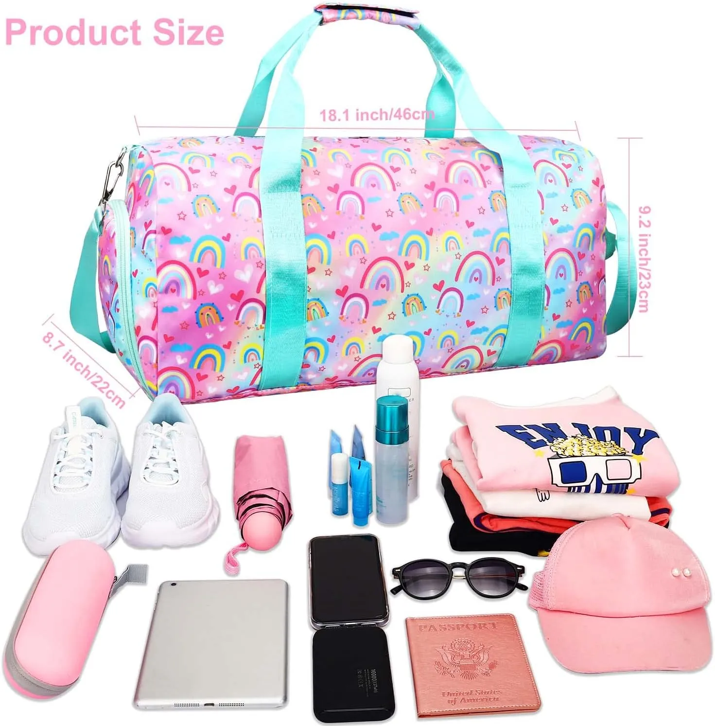 Dance Travel Duffle Bag for Girls - Gymnastics Gym Sports Bag with Shoe Compartment & Wet Pocket Rainbow Kids Travel Bag Teens Weekender Sleepover Carry On Bag