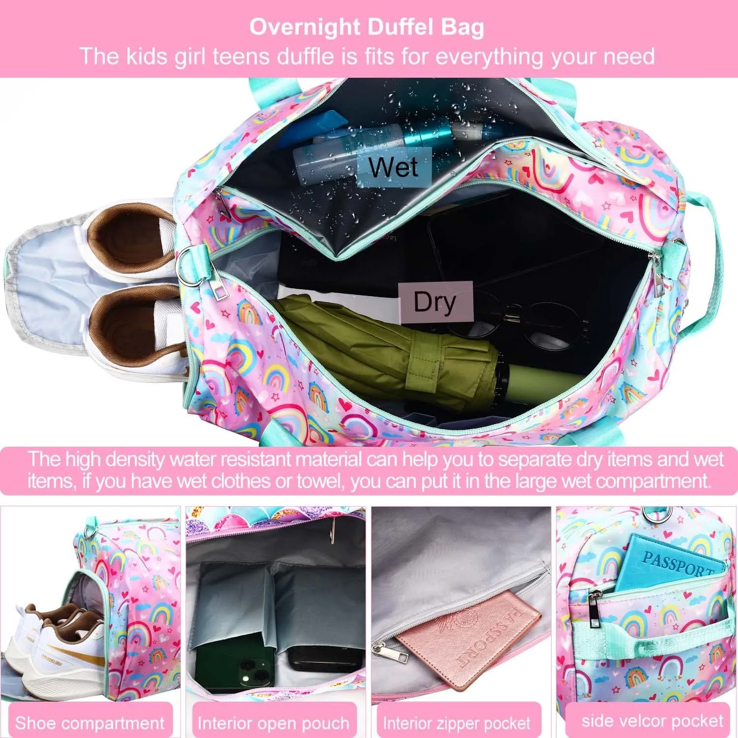 Dance Travel Duffle Bag for Girls - Gymnastics Gym Sports Bag with Shoe Compartment & Wet Pocket Rainbow Kids Travel Bag Teens Weekender Sleepover Carry On Bag