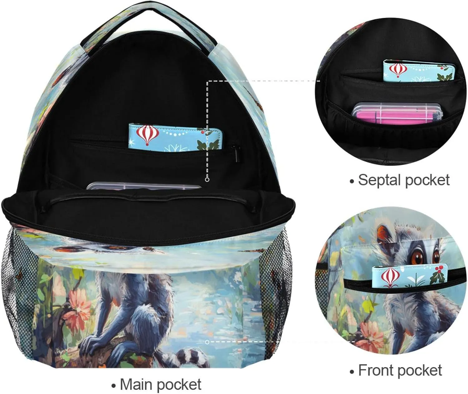 Day Backpack for Teens Boys Girls Waterproof Stylish Travel Bags with Chest Strap for College Work Cartoon Lemur A River