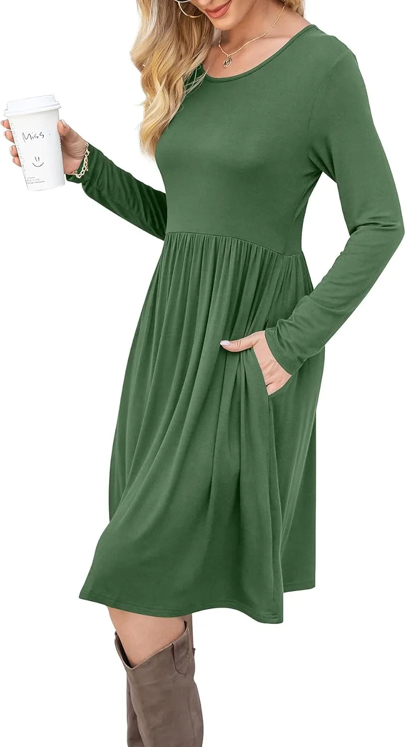DB MOON Women Casual Long Sleeve Dresses Empire Waist Knee Length Loose Dress with Pockets