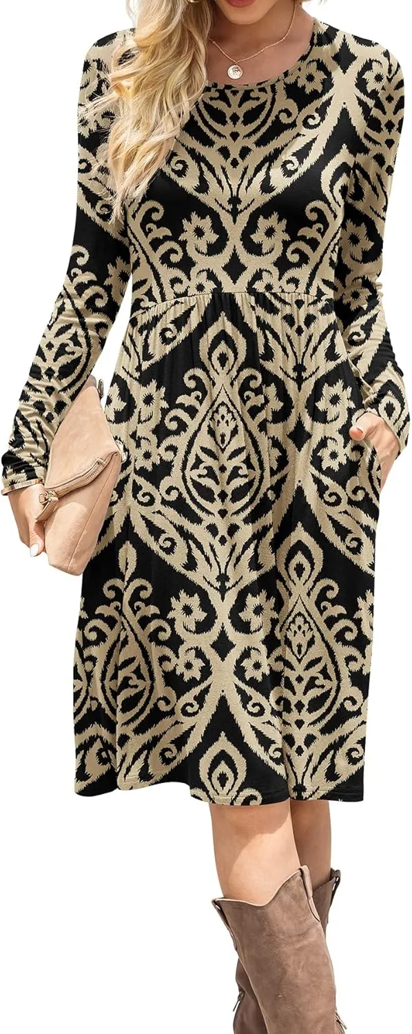 DB MOON Women Casual Long Sleeve Dresses Empire Waist Knee Length Loose Dress with Pockets