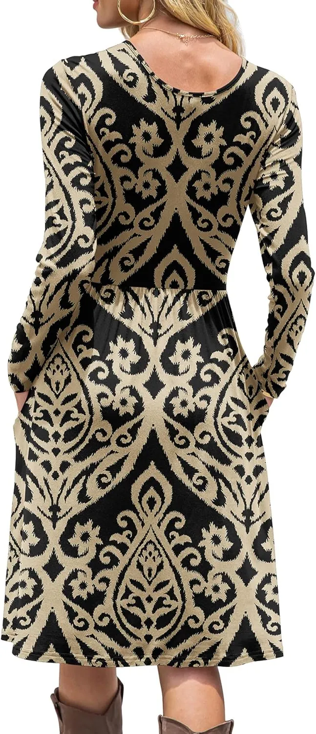 DB MOON Women Casual Long Sleeve Dresses Empire Waist Knee Length Loose Dress with Pockets