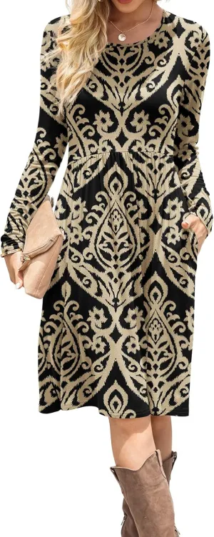 DB MOON Women Casual Long Sleeve Dresses Empire Waist Knee Length Loose Dress with Pockets