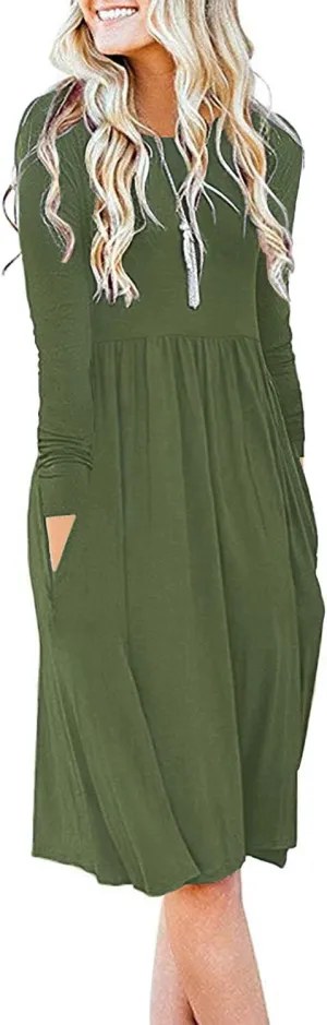 DB MOON Women Casual Long Sleeve Dresses Empire Waist Knee Length Loose Dress with Pockets