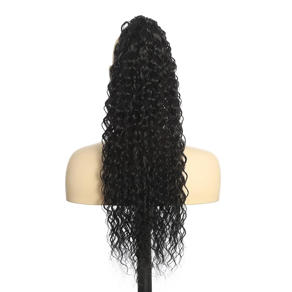 Deep Wave Ponytail Extension for Women 12 Inch Black Curly Wavy Ponytail Hair Extensions Drawstring with Clips Short Synthetic Hairpiece for Daily and Party