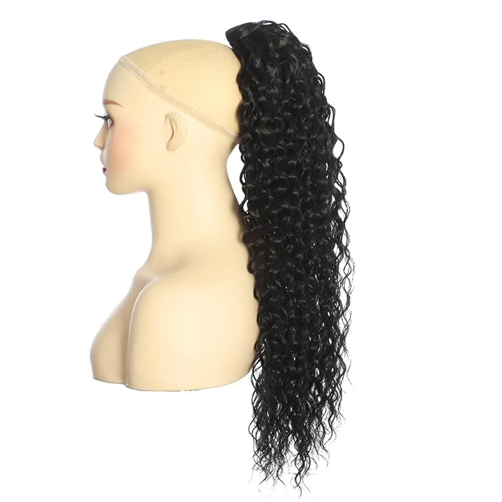 Deep Wave Ponytail Extension for Women 12 Inch Black Curly Wavy Ponytail Hair Extensions Drawstring with Clips Short Synthetic Hairpiece for Daily and Party