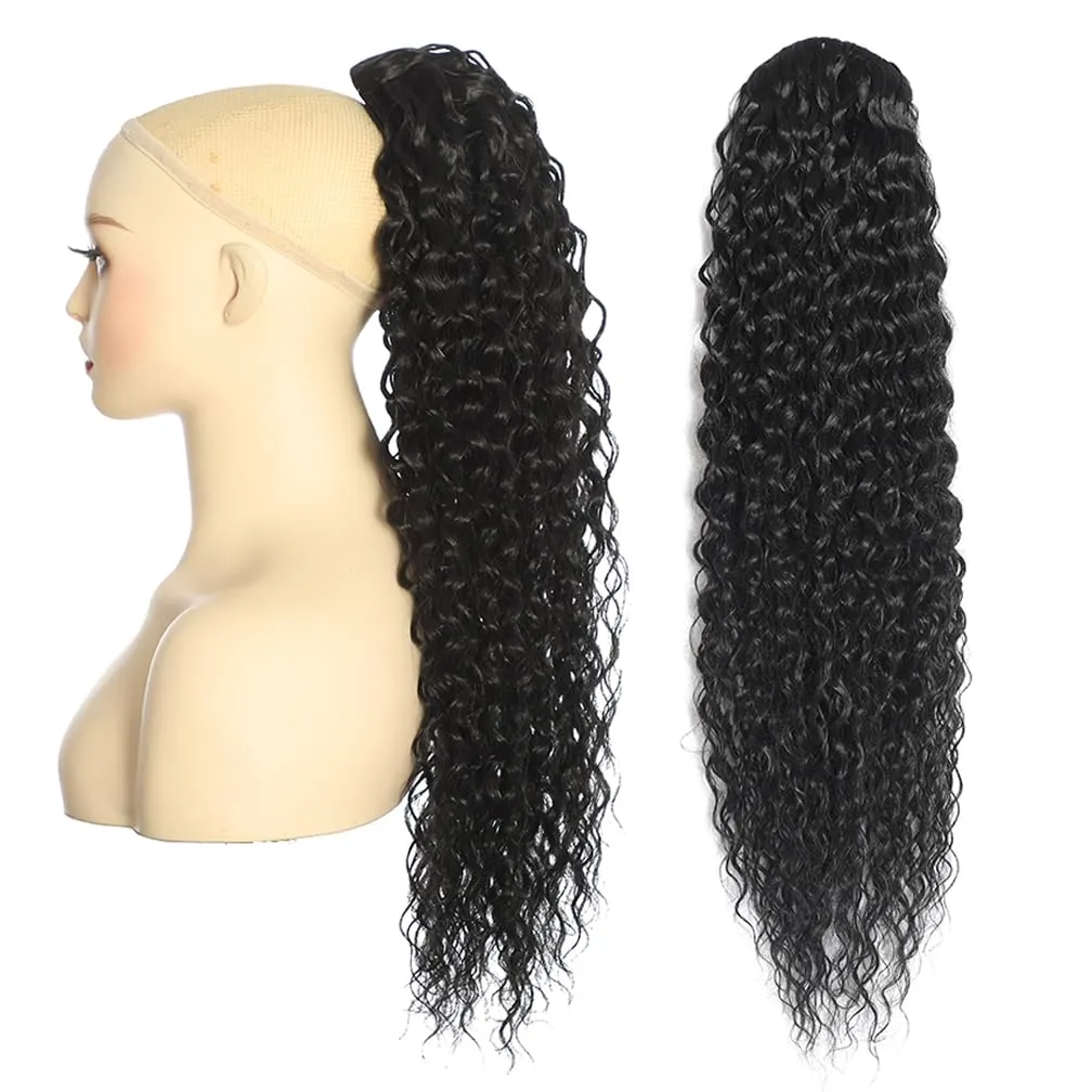 Deep Wave Ponytail Extension for Women 12 Inch Black Curly Wavy Ponytail Hair Extensions Drawstring with Clips Short Synthetic Hairpiece for Daily and Party