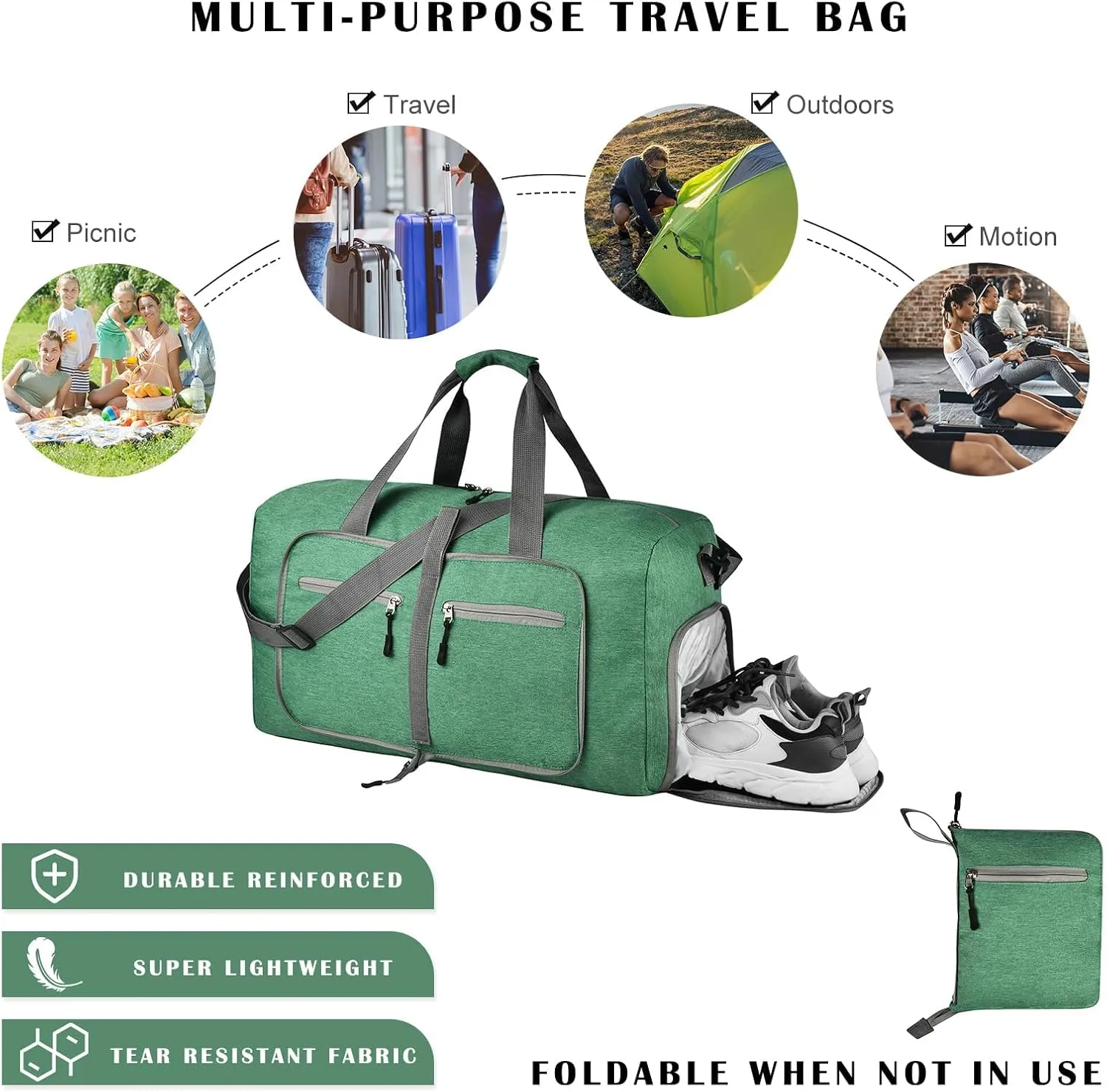 Dimayar 115L Travel Duffle Bag - Foldable Duffel Bag with Shoes Compartment - Overnight Bags Waterproof & Tear Resistant(ForestGreen)