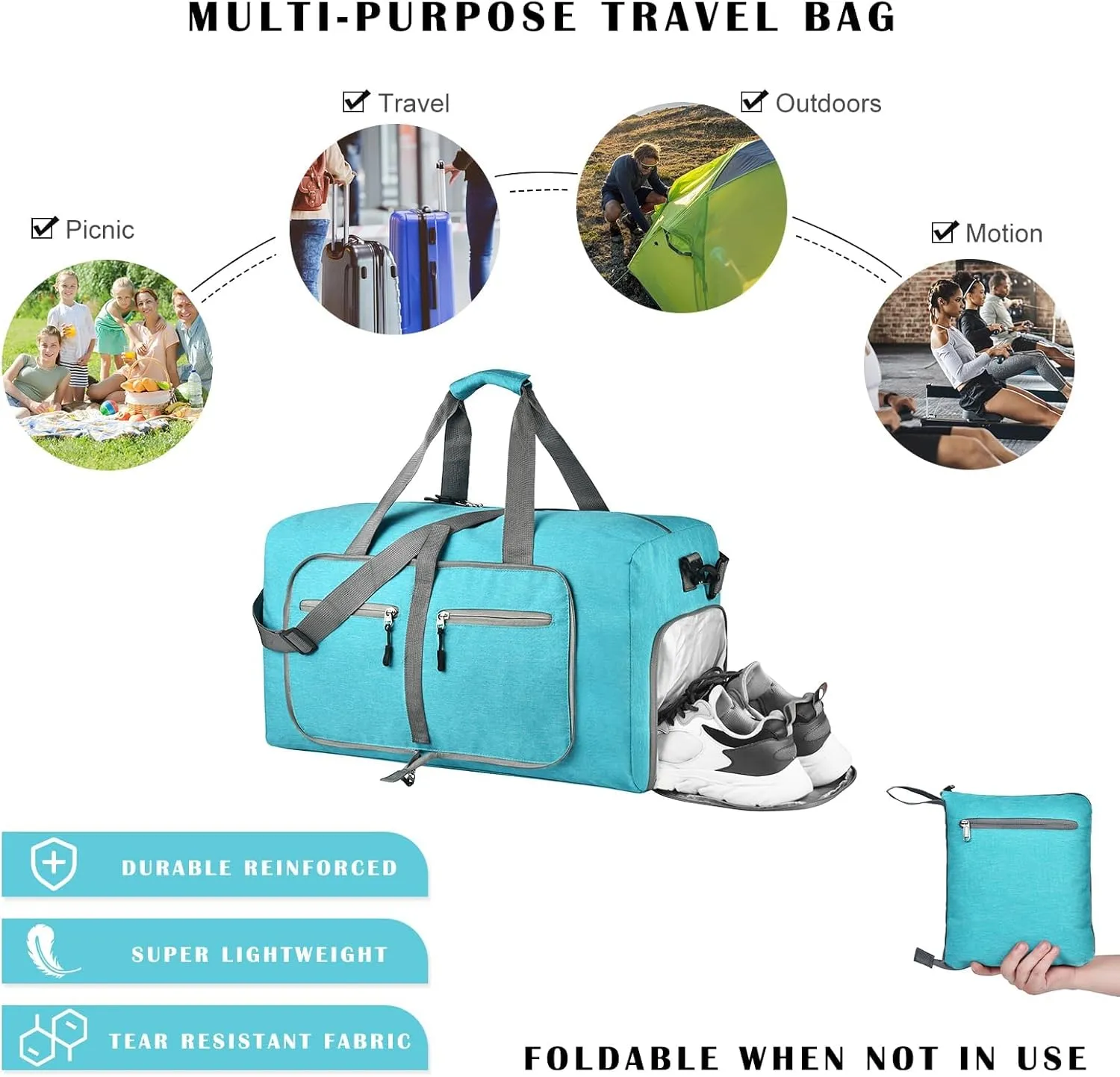 Dimayar 115L Travel Duffle Bag - Foldable Duffel Bag with Shoes Compartment - Overnight Bags Waterproof & Tear Resistant(MintGreen)