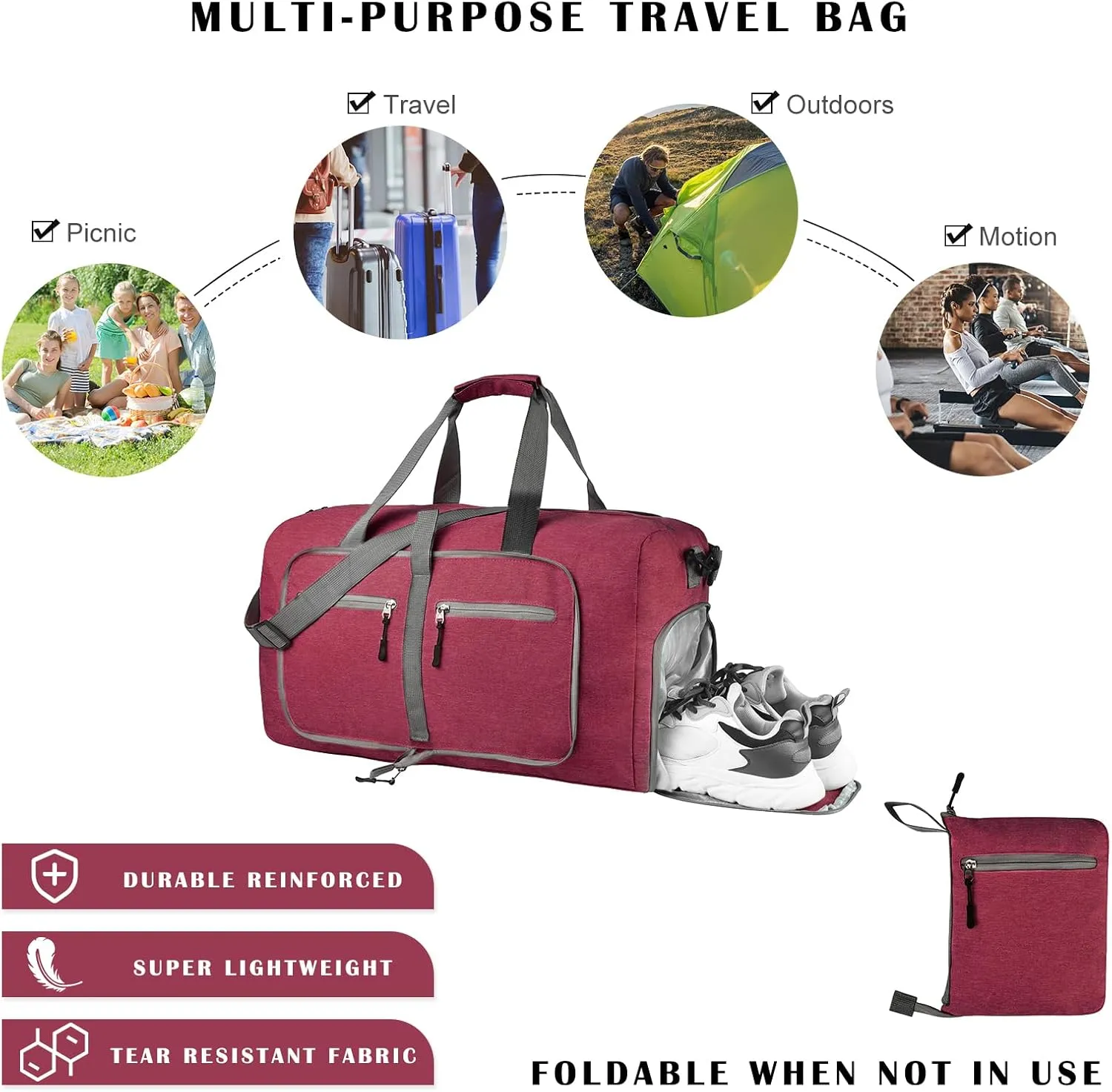 Dimayar 65L Travel Duffle Bag for Men Women - Foldable Duffel Bag with Shoes Compartment - Overnight Bags Waterproof & Tear Resistant(Red)