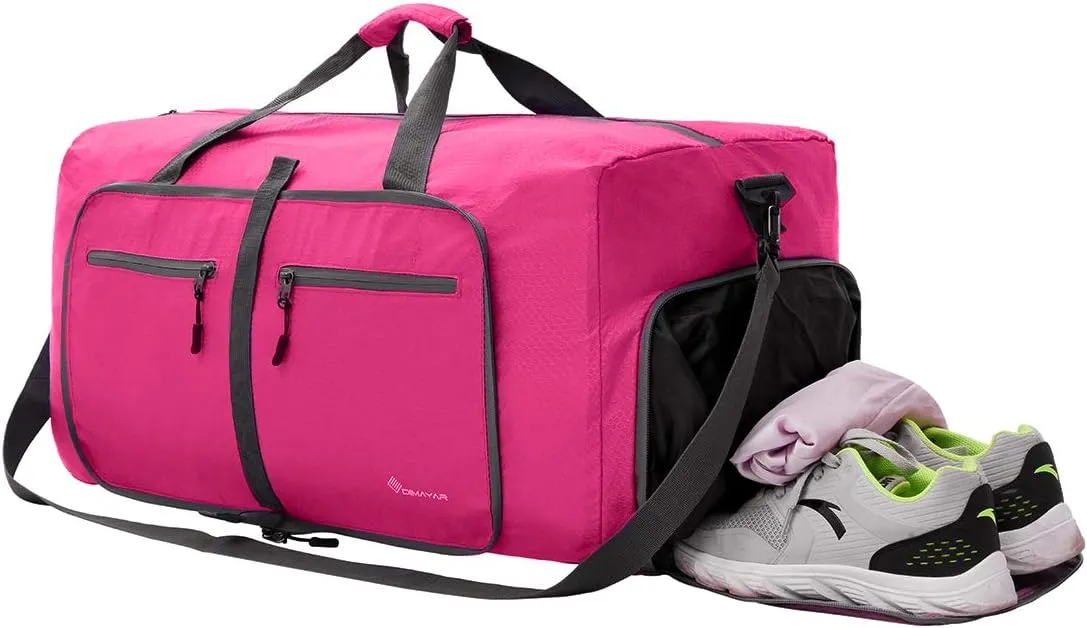 Dimayar Travel Duffle Bag for Men Women - Foldable Duffel Bag with Shoes Compartment - Overnight Bags Waterproof & Tear Resistant(65L,Fuchsine)