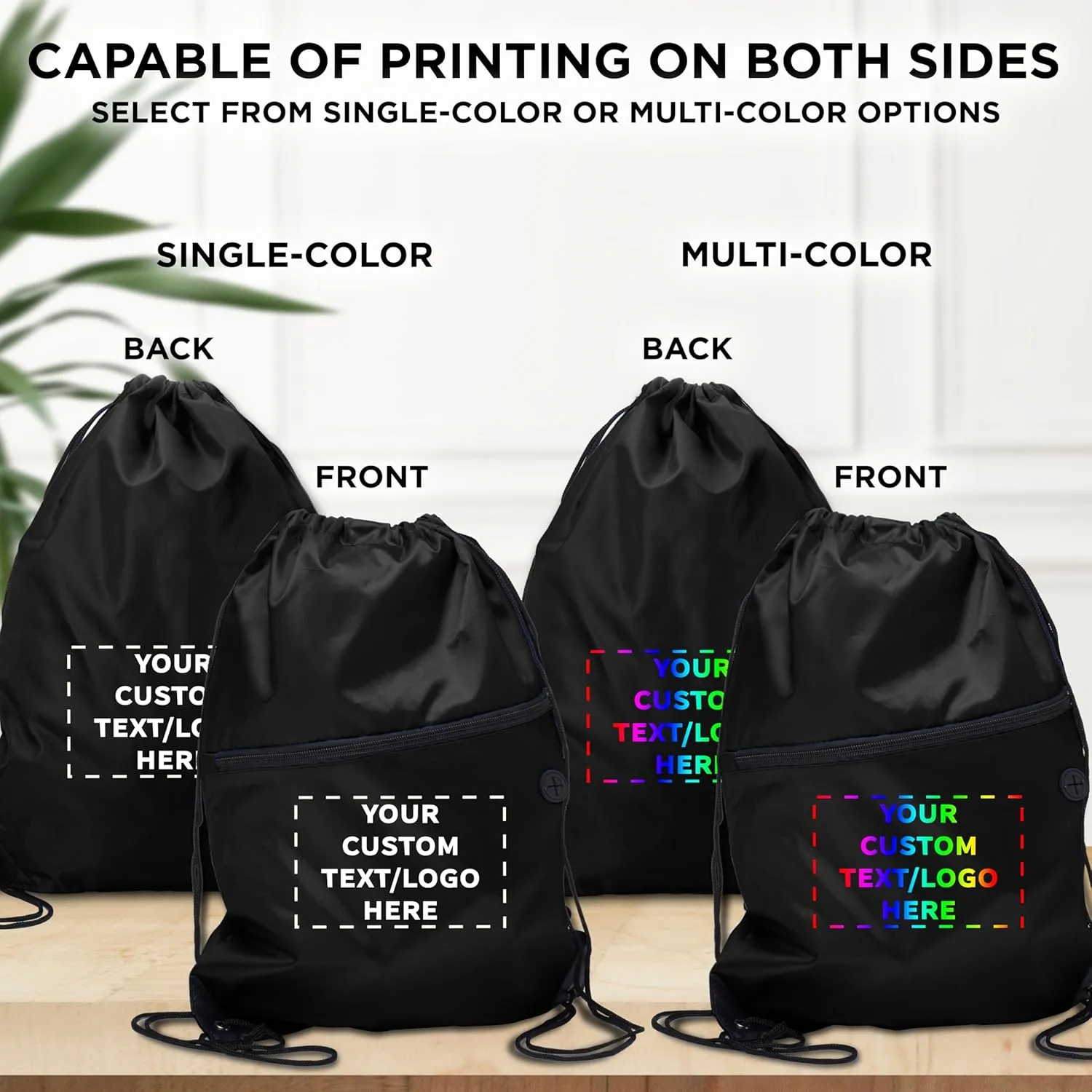 DISCOUNT PROMOS Custom Drawstring BackPacks with Pocket Set of 10, Personalized Bulk Pack - Water Resistant, Perfect for Gym, Camping, Beach, Outdoor Sports - Black