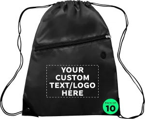 DISCOUNT PROMOS Custom Drawstring BackPacks with Pocket Set of 10, Personalized Bulk Pack - Water Resistant, Perfect for Gym, Camping, Beach, Outdoor Sports - Black