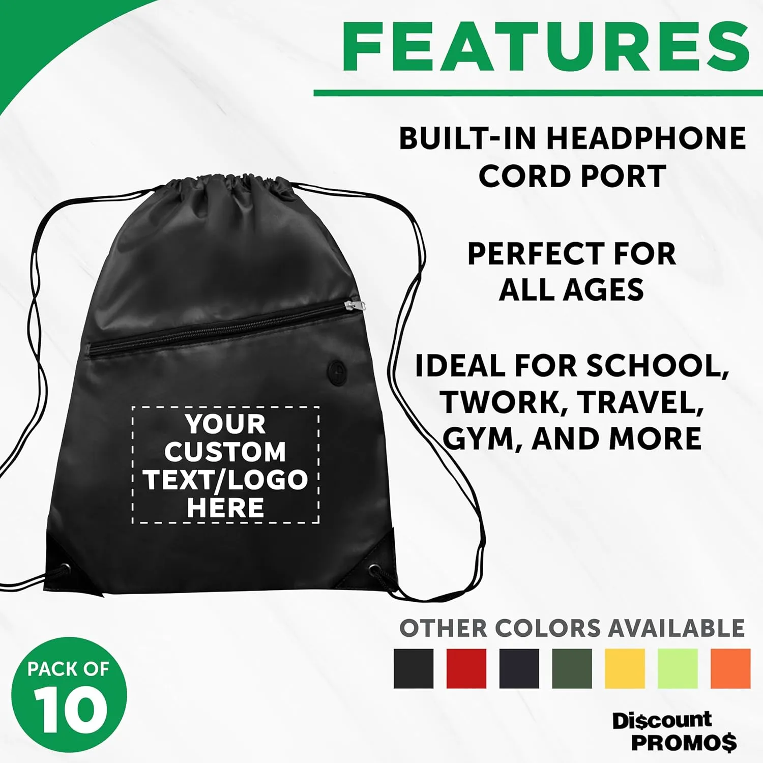 DISCOUNT PROMOS Custom Drawstring BackPacks with Pocket Set of 10, Personalized Bulk Pack - Water Resistant, Perfect for Gym, Camping, Beach, Outdoor Sports - Black