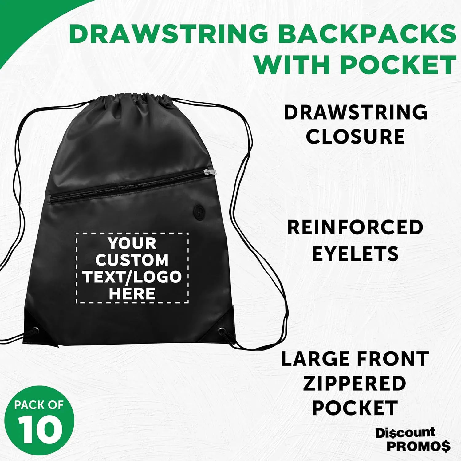 DISCOUNT PROMOS Custom Drawstring BackPacks with Pocket Set of 10, Personalized Bulk Pack - Water Resistant, Perfect for Gym, Camping, Beach, Outdoor Sports - Black