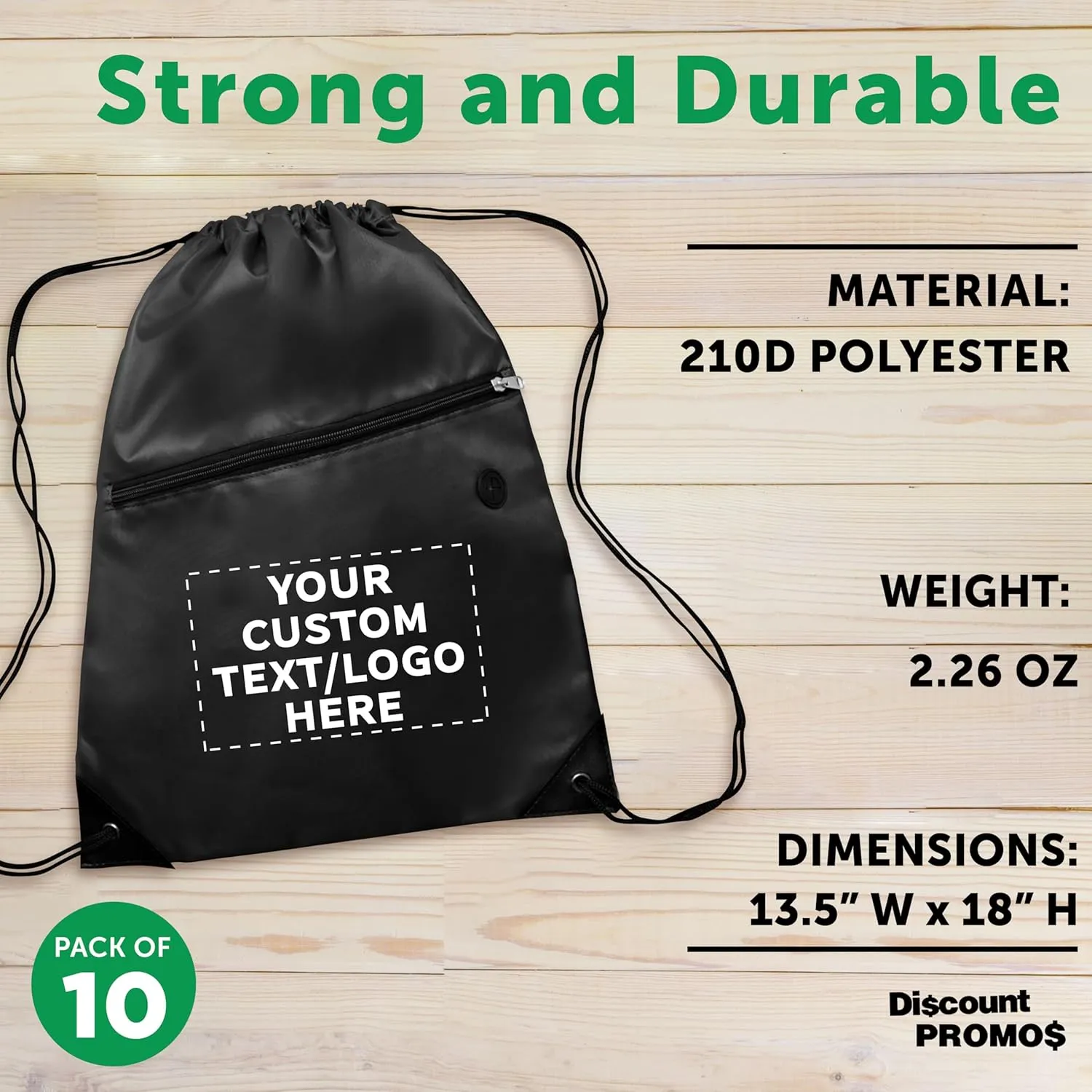 DISCOUNT PROMOS Custom Drawstring BackPacks with Pocket Set of 10, Personalized Bulk Pack - Water Resistant, Perfect for Gym, Camping, Beach, Outdoor Sports - Black
