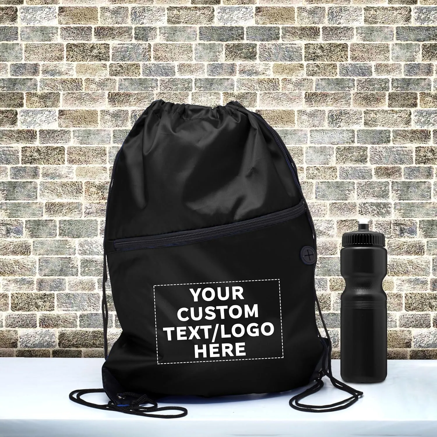 DISCOUNT PROMOS Custom Drawstring BackPacks with Pocket Set of 10, Personalized Bulk Pack - Water Resistant, Perfect for Gym, Camping, Beach, Outdoor Sports - Black
