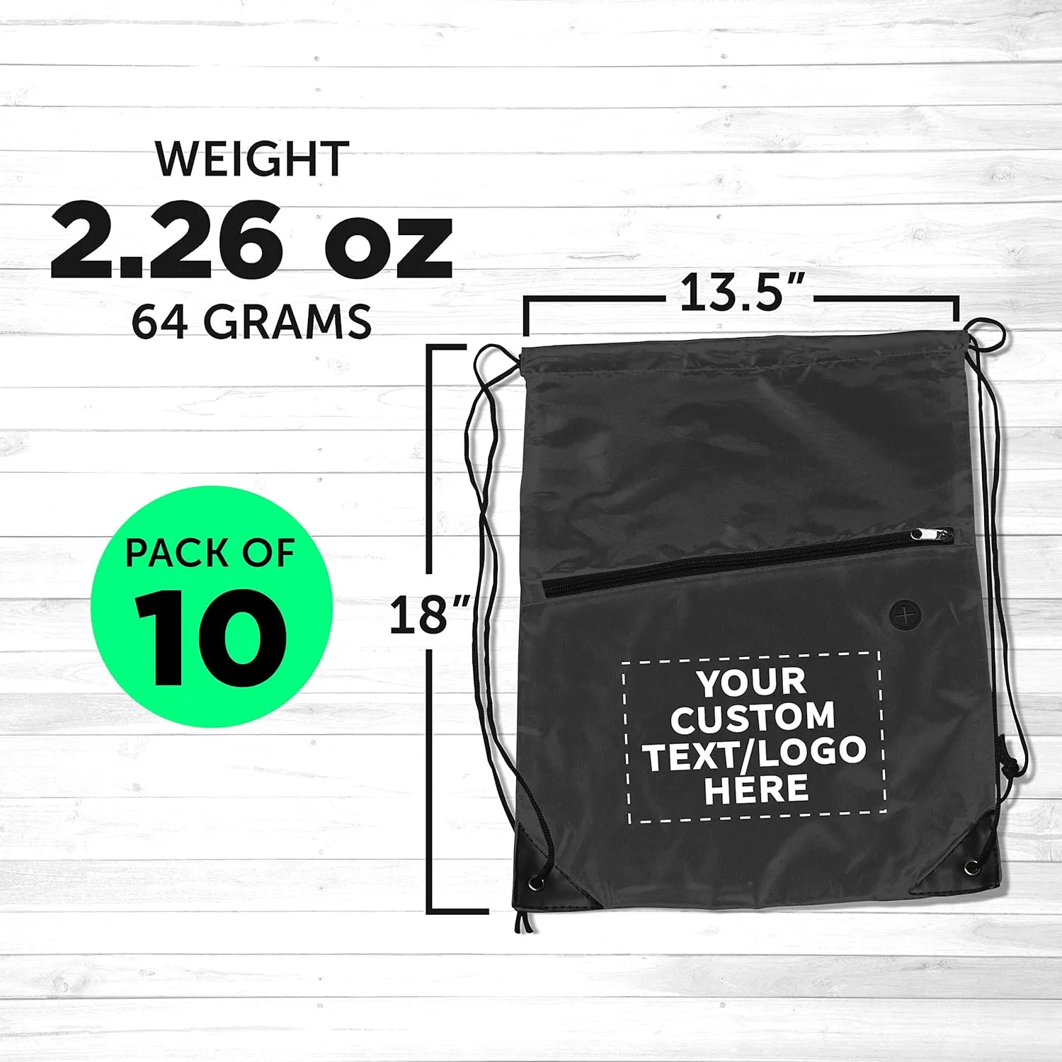 DISCOUNT PROMOS Custom Drawstring BackPacks with Pocket Set of 10, Personalized Bulk Pack - Water Resistant, Perfect for Gym, Camping, Beach, Outdoor Sports - Black