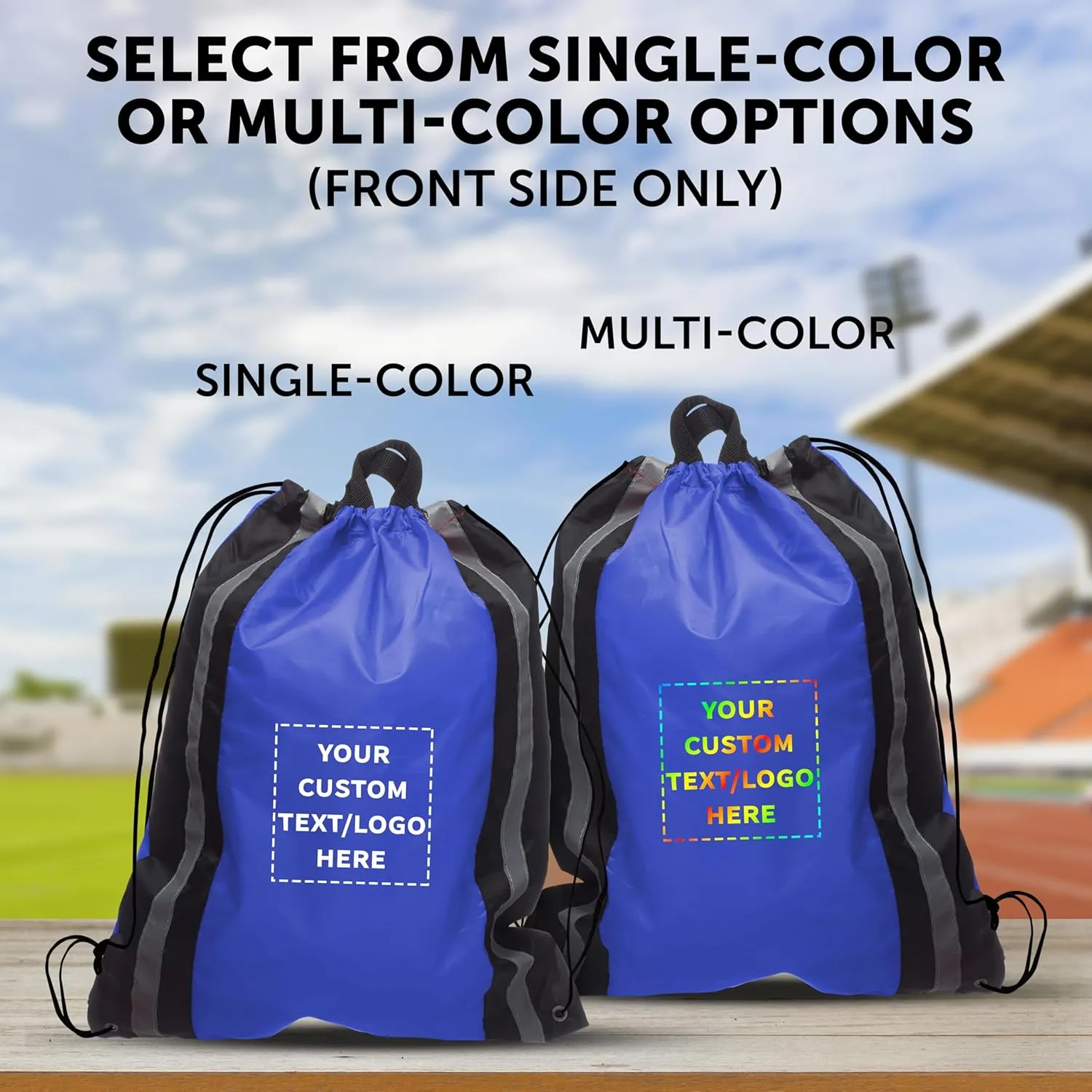 DISCOUNT PROMOS Custom Large Reflector Drawstring Backpacks Set of 50, Personalized Bulk Pack - Bring Everywhere You Go, Perfect for Travellers and Great for Everyday Use - Blue