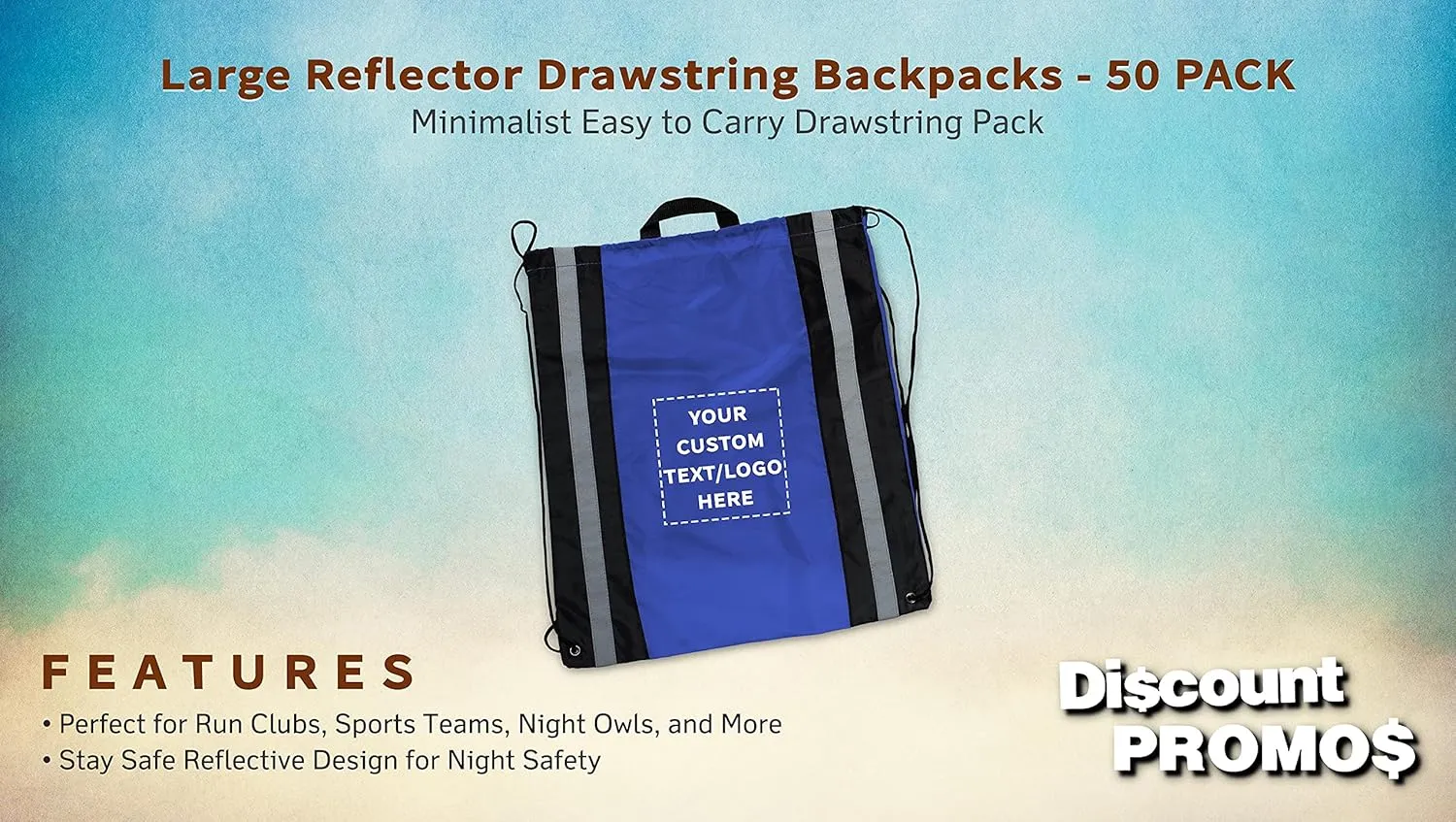 DISCOUNT PROMOS Custom Large Reflector Drawstring Backpacks Set of 50, Personalized Bulk Pack - Bring Everywhere You Go, Perfect for Travellers and Great for Everyday Use - Blue