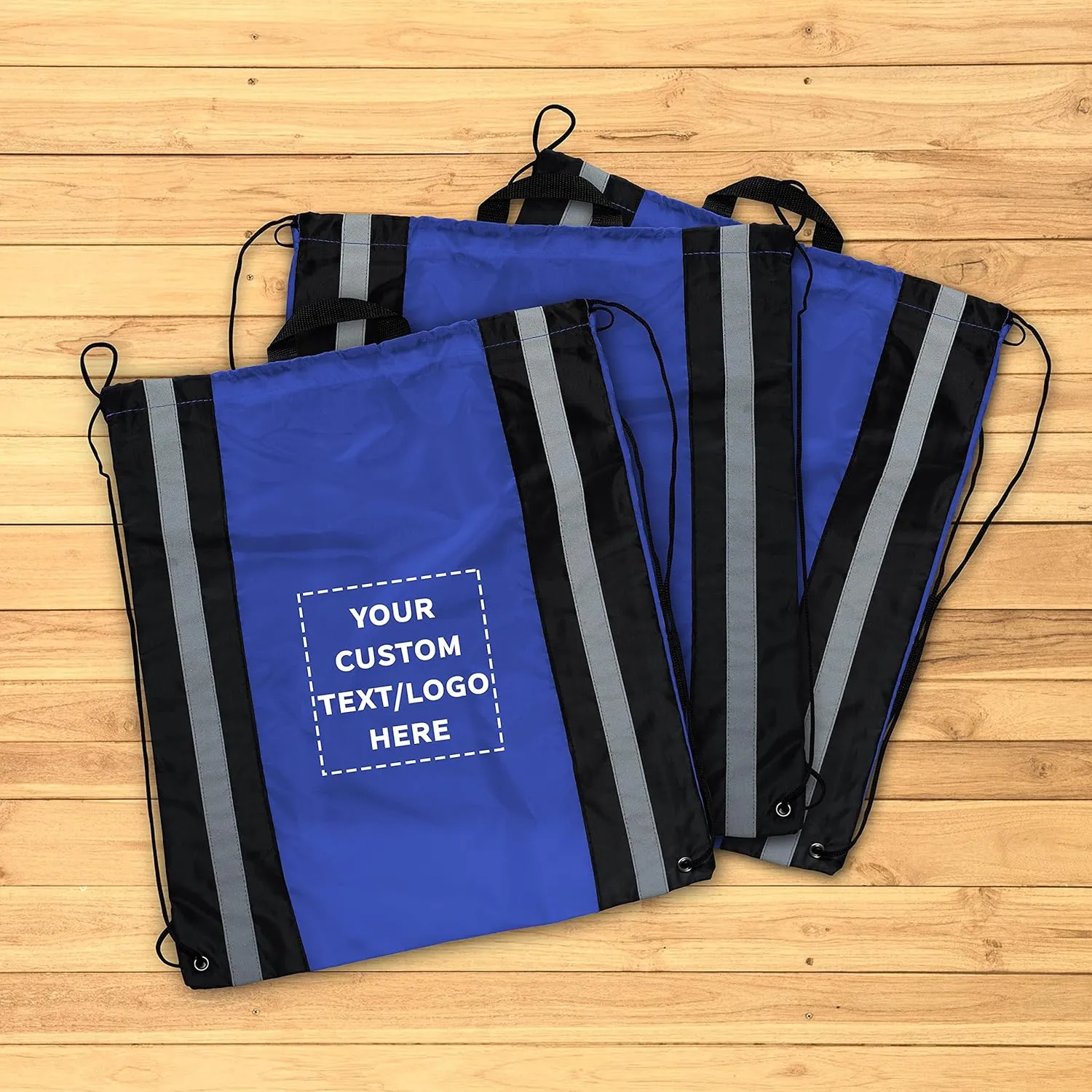 DISCOUNT PROMOS Custom Large Reflector Drawstring Backpacks Set of 50, Personalized Bulk Pack - Bring Everywhere You Go, Perfect for Travellers and Great for Everyday Use - Blue