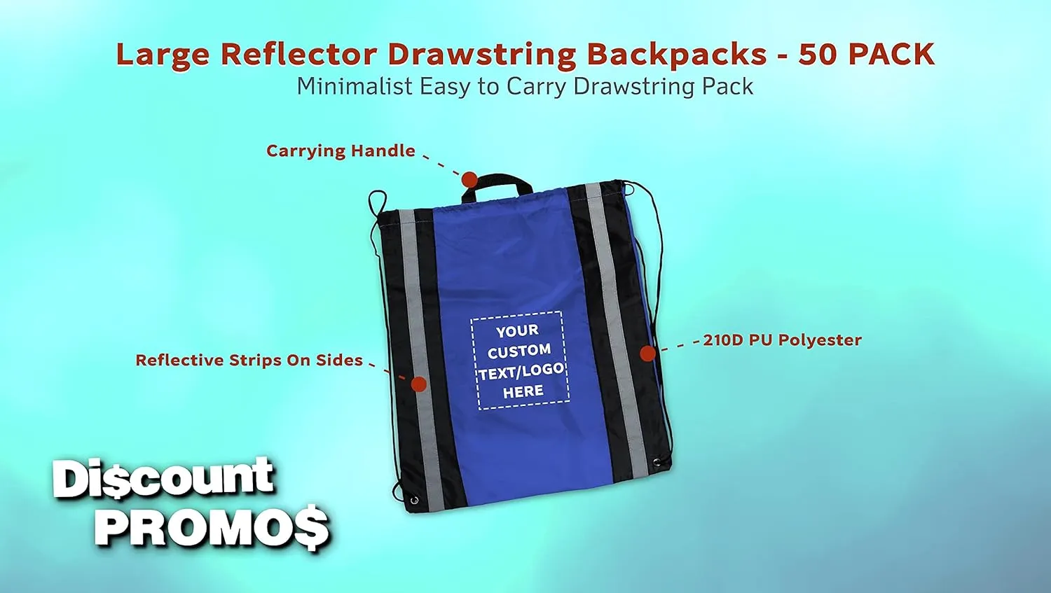 DISCOUNT PROMOS Custom Large Reflector Drawstring Backpacks Set of 50, Personalized Bulk Pack - Bring Everywhere You Go, Perfect for Travellers and Great for Everyday Use - Blue