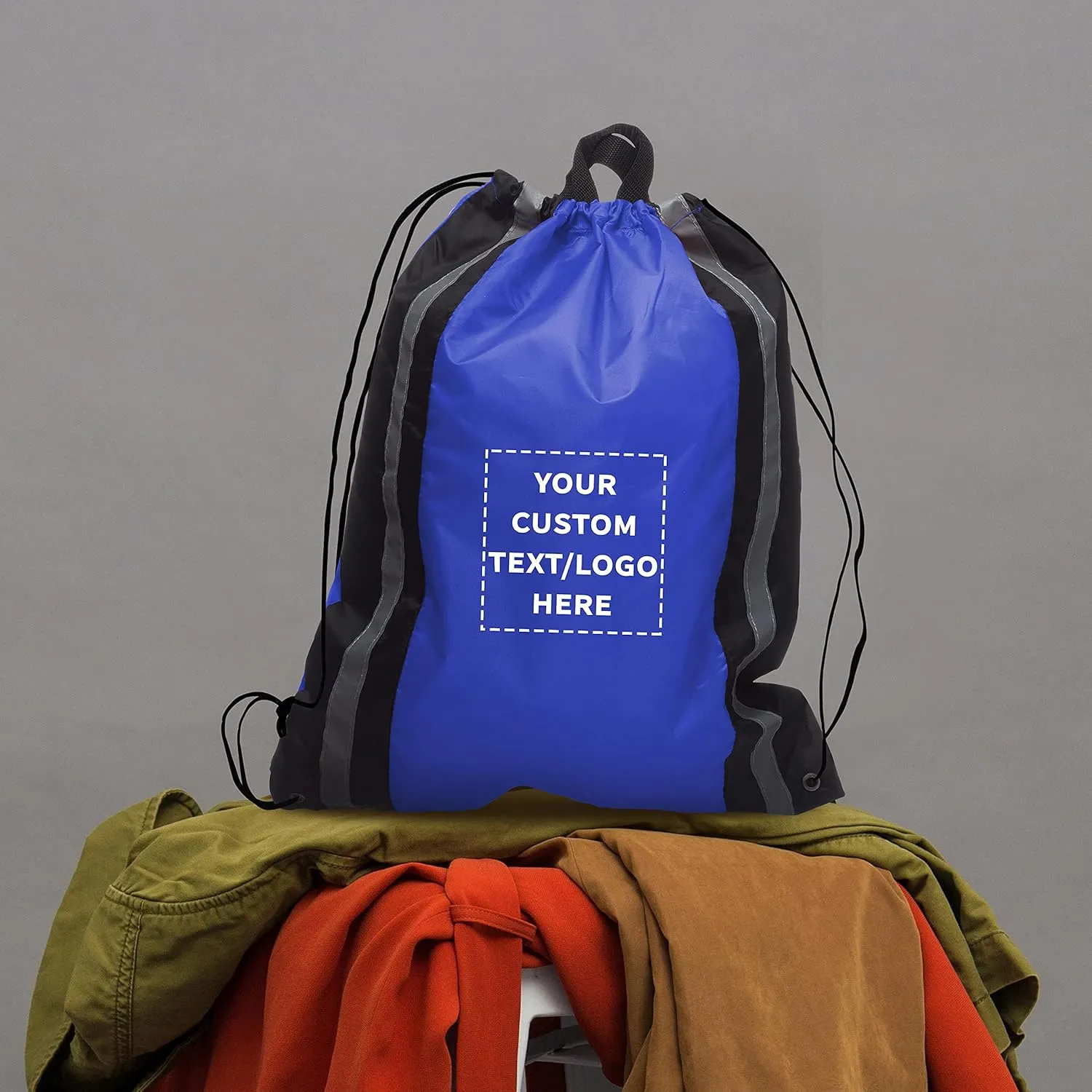 DISCOUNT PROMOS Custom Large Reflector Drawstring Backpacks Set of 50, Personalized Bulk Pack - Bring Everywhere You Go, Perfect for Travellers and Great for Everyday Use - Blue