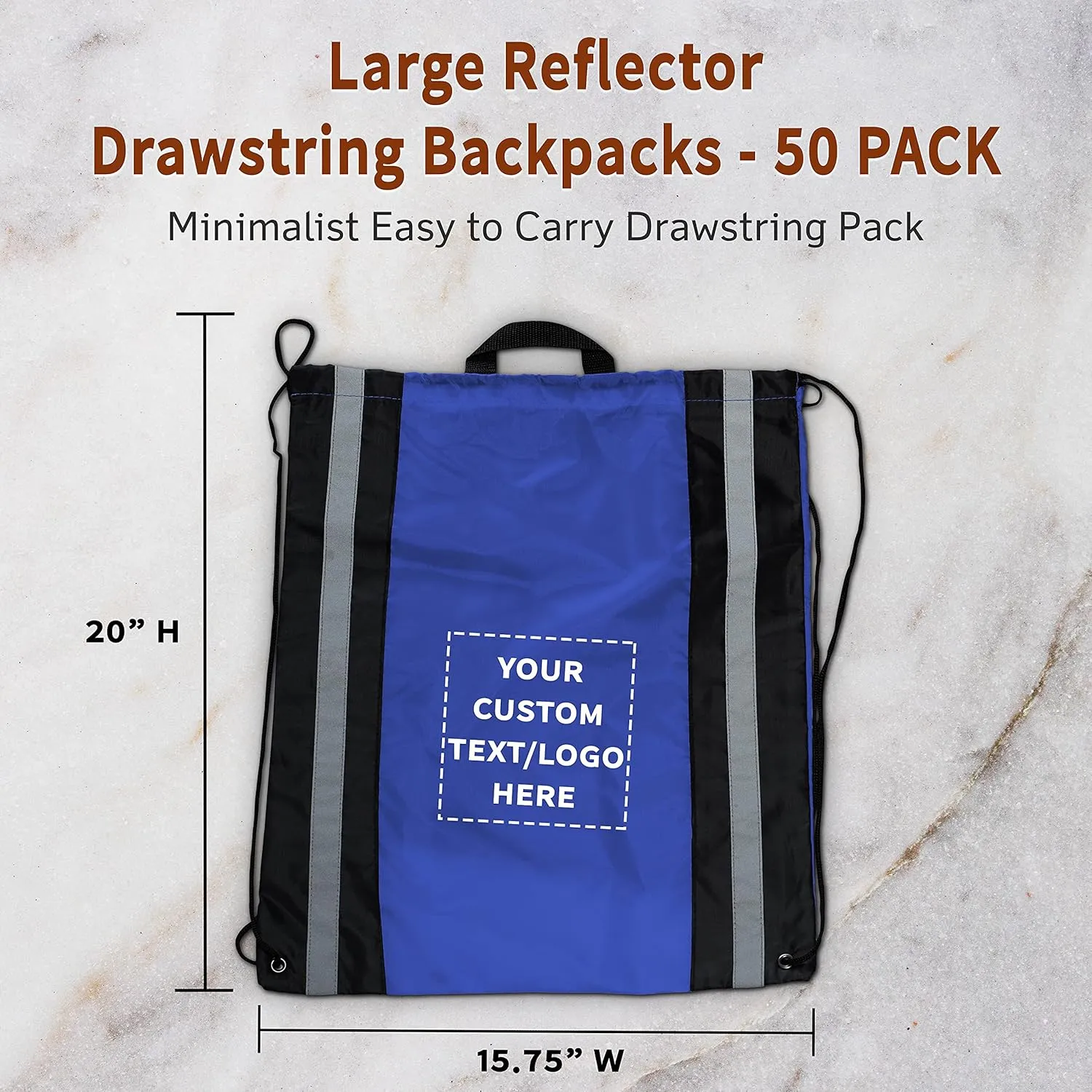 DISCOUNT PROMOS Custom Large Reflector Drawstring Backpacks Set of 50, Personalized Bulk Pack - Bring Everywhere You Go, Perfect for Travellers and Great for Everyday Use - Blue